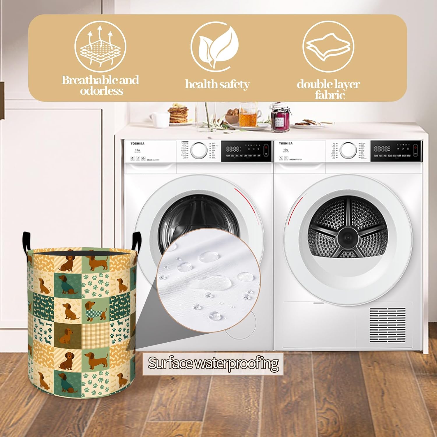 Patchwork Dachshund Laundry Basket, Dorm Foldable Puppy Laundry Hamper Organizer for Bathroom Decor Bedroom, Clothes Dog Lover Storage Box Gifts for Women Girls Kids 19.7x15.7 Inch