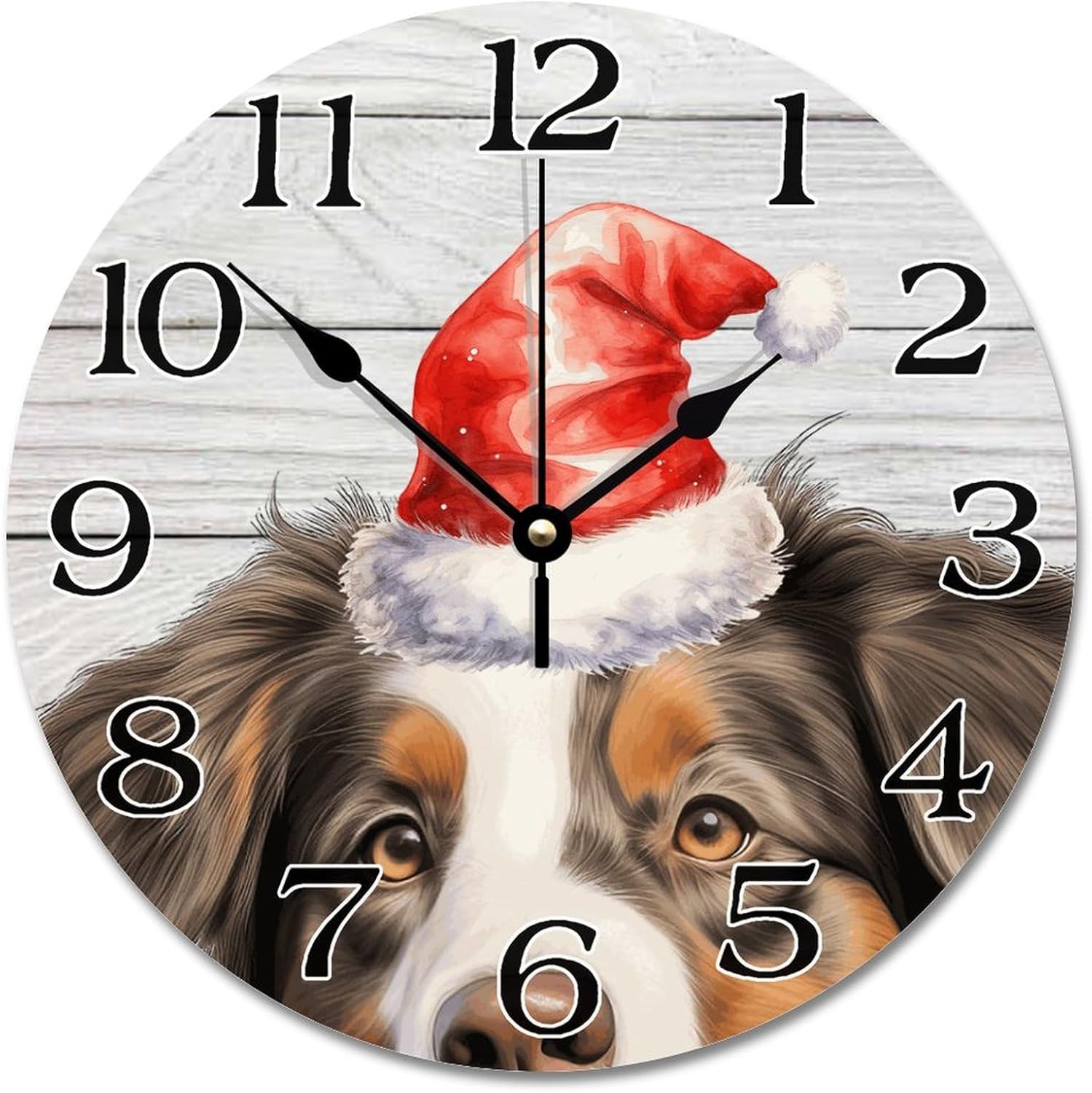 Round Puppy Wooden Clock 12in Christmas Hat Peeking Dog Miniature American Shepherd Silent Non-Ticking Wood Wall Clock for Classroom Nursery Cafe Bar Pub Home Decor