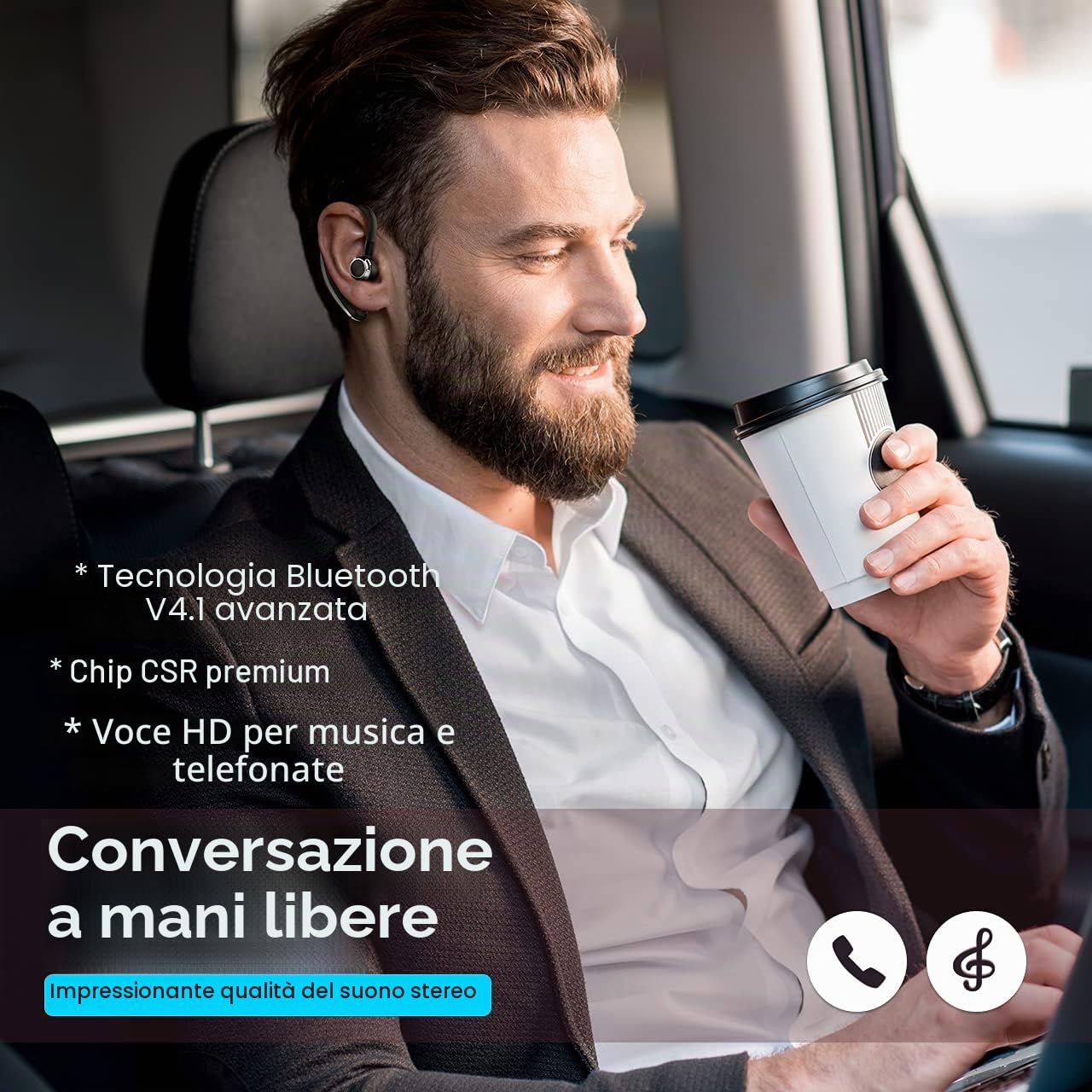 Cuffie Bluetooth CVC6.0 cancellazione del rumore, cuffie wireless stile business vivavoce auricolare senza fili con microfono, 280 ore di standby, auricolare Bluetooth singolo senza mani (nero)