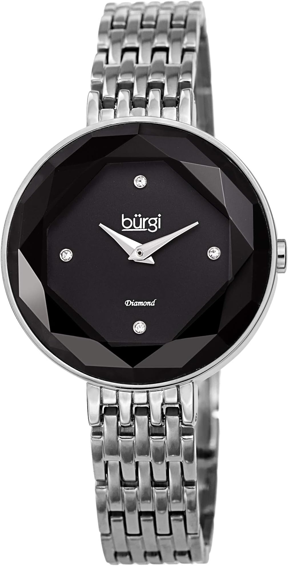 Burgi BUR253 Designer Women's Watch – 4 Diamond Markers with Solid Stainless Steel Bracelet Butterfly Buckle (Silver/Black)