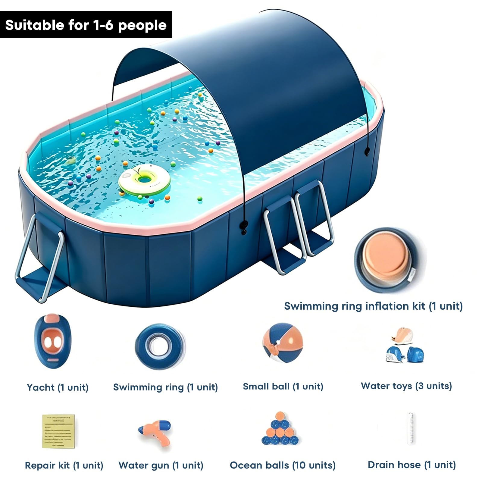 Piscina Pieghevole, Rettangolare Fuori Terra con Tettuccio Parasole – Non Gonfiabile, Telaio in Acciaio, PVC Resistente, Piscina per Cani per 1-6 Persone, Adulti & Animali