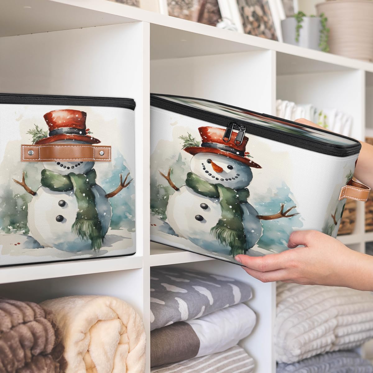Storage Bin Set of 2 Winter Snowman Storage Basket with Zipper Lid & Handle Foldable Closet Shelf 2 Pack Cloth Organizer Basket Cube Bins Clothes Organizer for Bedroom, Nursery
