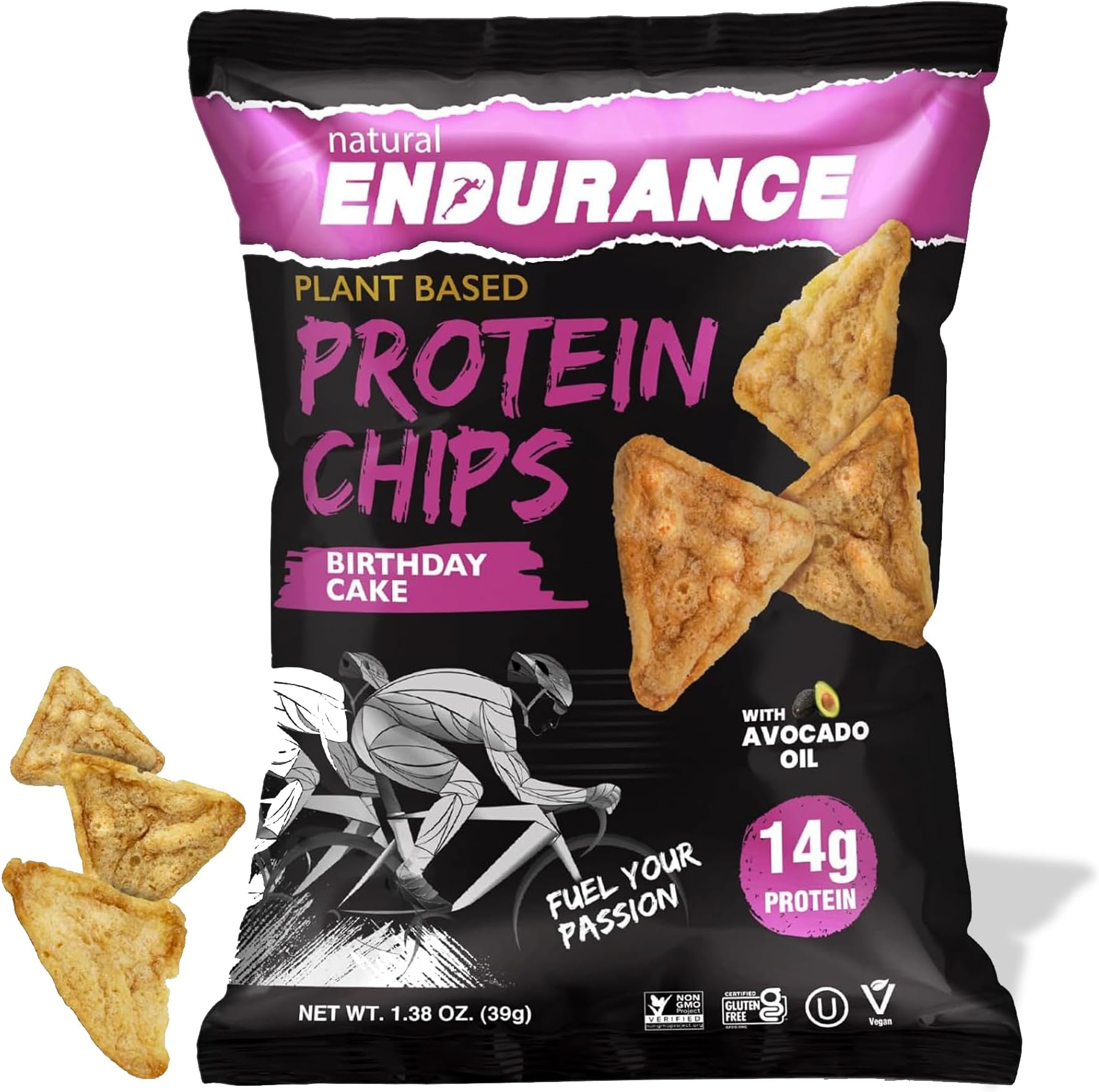 Natural Endurance Protein Chips - Low Carb Chips, High Protein Snack, Vegan Protein with Avocado Oil, 14g Protein Per Bag, Gluten Free, Birthday Cake Flavor - 1.38 oz Bags (Pack of 12)
