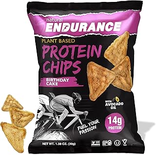 Natural Endurance Protein Chips - Low Carb Chips, High Protein Snack, Vegan Protein with Avocado Oil, 14g Protein Per Bag, Gluten Free, Birthday Cake Flavor - 1.38 oz Bags (Pack of 12)