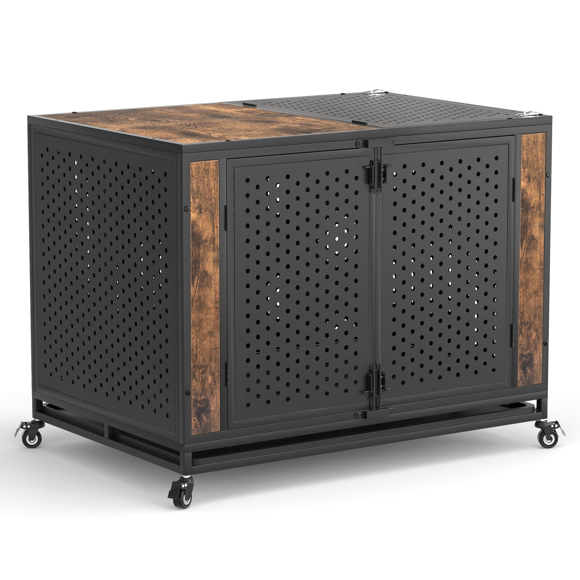 42" Heavy Duty Dog Crate Furniture for Large and Medium Dogs, Enclosed Design with 0.5 inch Holes, Indestructible Metal Kennel for High Anxiety Dogs, Chew Proof Pet House Cage Indoor, Brown