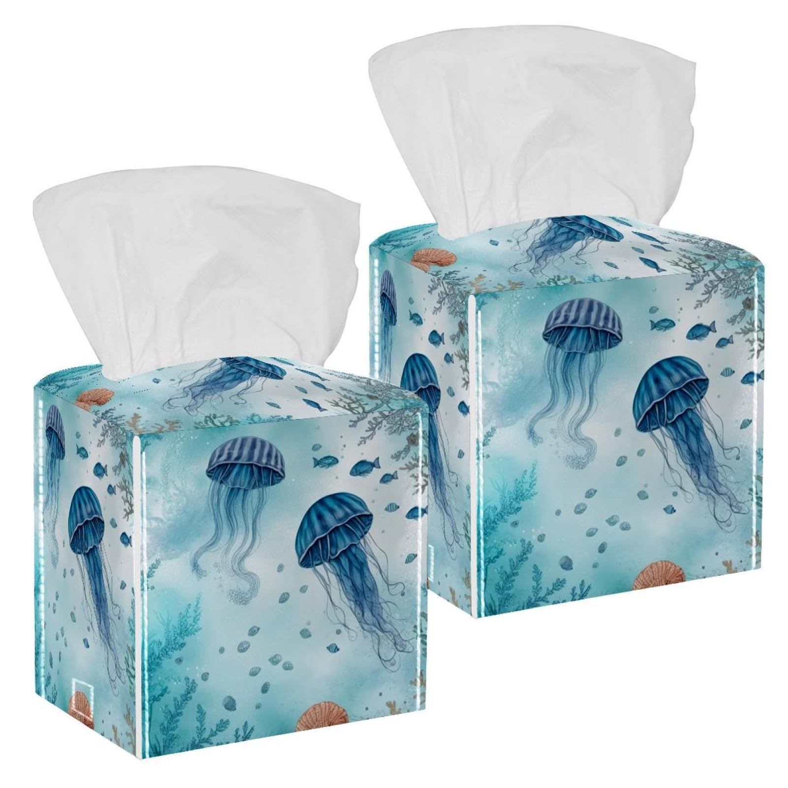 2 Pack Jellyfish Tissue Box Cover Holder Square Tissue Foldable Cube Cover PU Leather Tissue Organizer with Bottom Belt for Bathroom, Tabletop, Car, Night Stands, Office