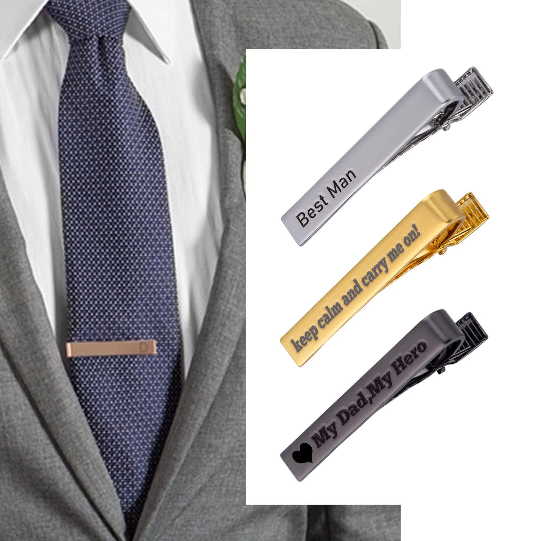Personalized Tie Clips Men Gift for Groomsmen 1 Pack Engraved Silver Gold Necktie Tie Bar Pinch Clips for for Wedding Party Meeting Business