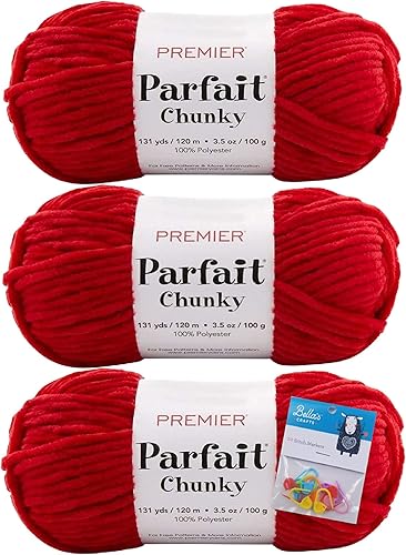 Premier Yarns Parfait - Hilo de felpilla grueso, 3.5 onzas, peso súper voluminoso, paquete de 3 unidades con soportes para punto de Bella (cardenal)