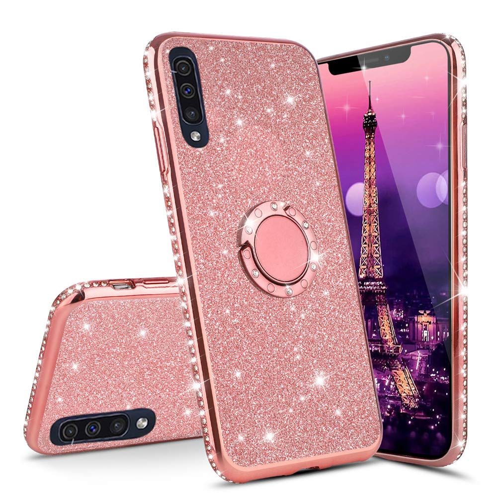 ISADENSER Samsung A90 5G Case Galaxy A90 5G Case Ultra-Slim Glitter Bling Diamond Luxury Plating Silicon TPU Soft Cover with Ring Stand Holder for Samsung Galaxy A90 5G,Rose Gold TPU with Stand Holder