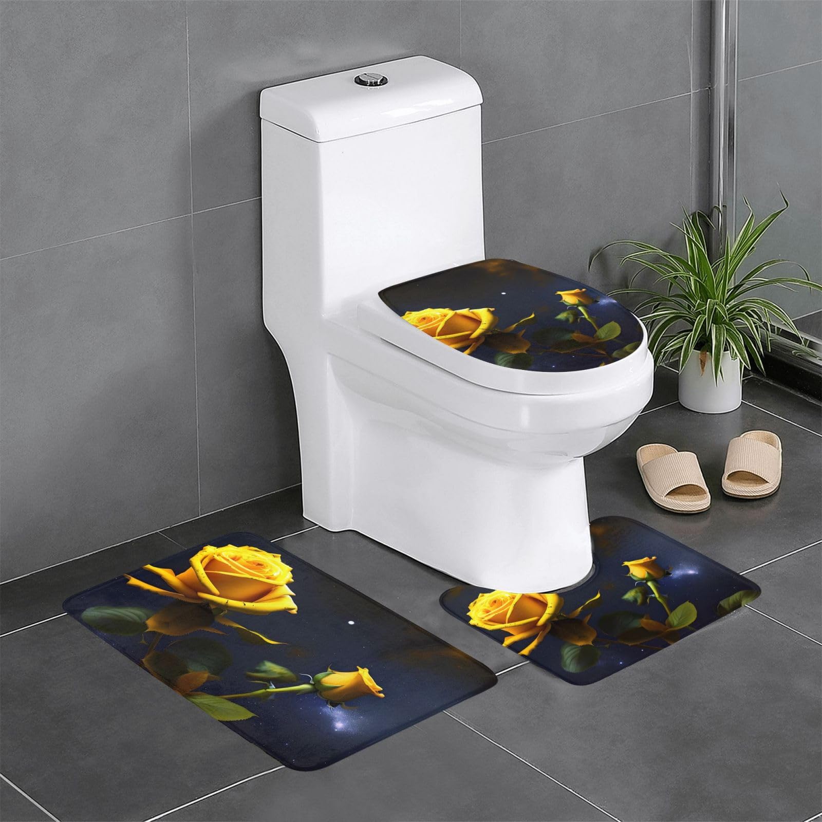 Tapis de bain antidérapants lot de 3 pour toilettes et coiffeuse motif roses jaunes