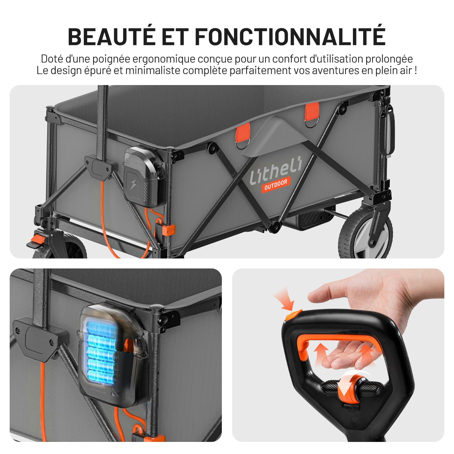 LiTHELi Chariot Électrique Pliable, Chariot à Main Pliable avec Moteur & Freins, 200L 60KG adapté pour Camping, Jardin, Plage, Achats (Gris, V140i & Chargeur)
