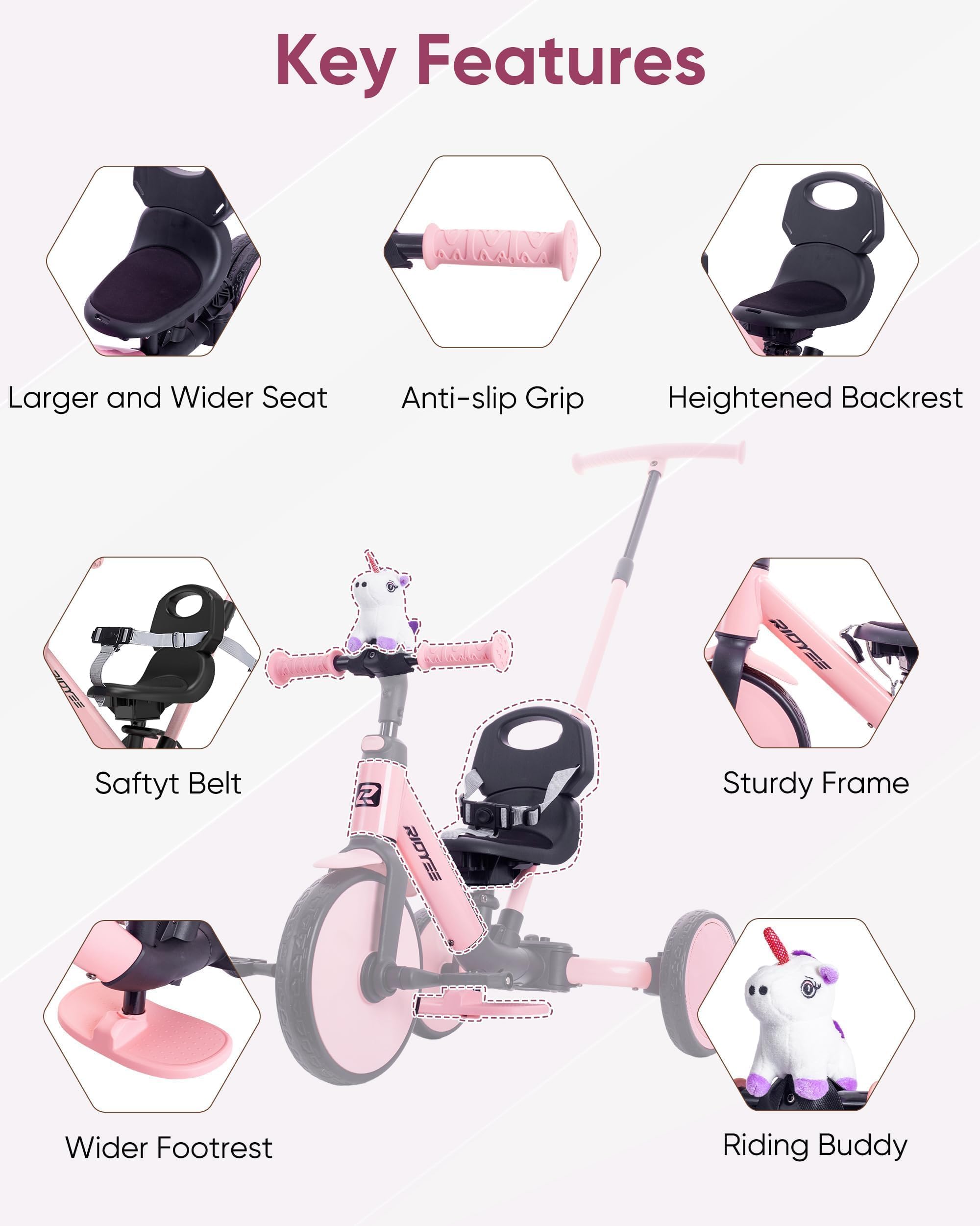 Triciclo 5 en 1 para niños de 1.5 a 3 años, triciclo de dirección para padres, convertible sin herramientas para equilibrar la bicicleta, cinturón de seguridad, respaldo y reposapiés extraíbles 4