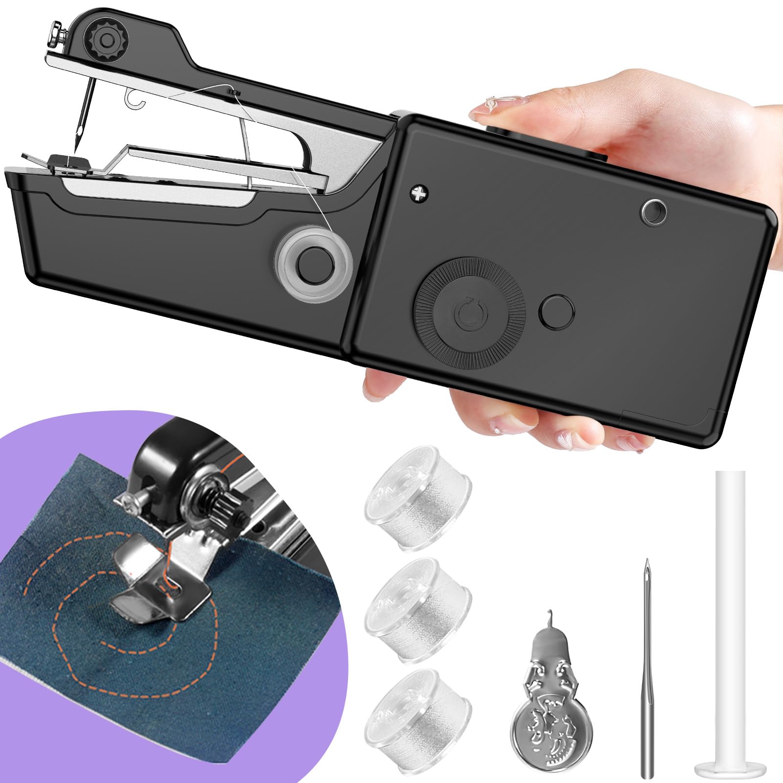 Handnähmaschine Elektrisch Tragbare, Schnelles Nähen Mini Nähmaschine Anfänger mit Spulen Zubehör für Vorhänge Kleidung DIY Handwerk, Hand Sewing Machine für Hause und Outdoor-Notfall (Schwarzer)