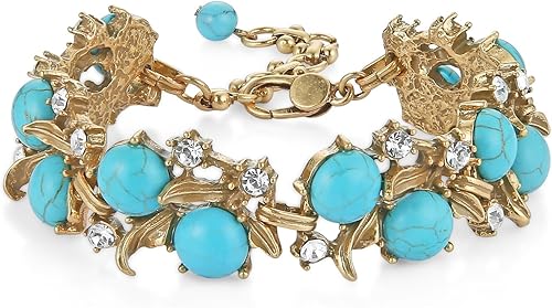 HZMAN Pulsera floral turquesa vintage, hecha a mano de latón grueso con piedra natural para mujer, regalo retro