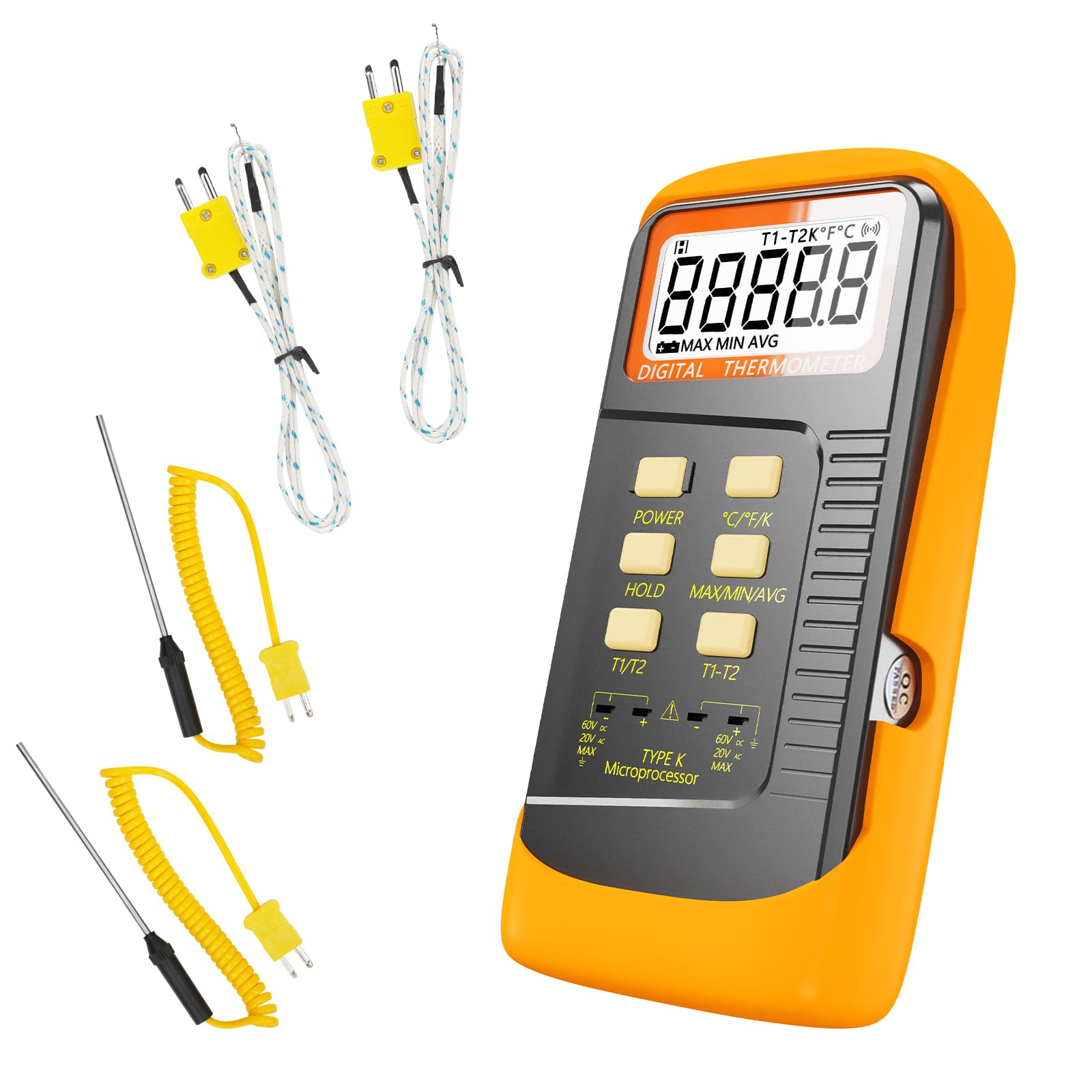 Kereinpo Handheld Thermocouple Thermometer, 2 Channels K Type Thermocouple Probe and 4 Thermocouples, Measuring Range -50°C to 1370°C(-58°F to 2498°F)