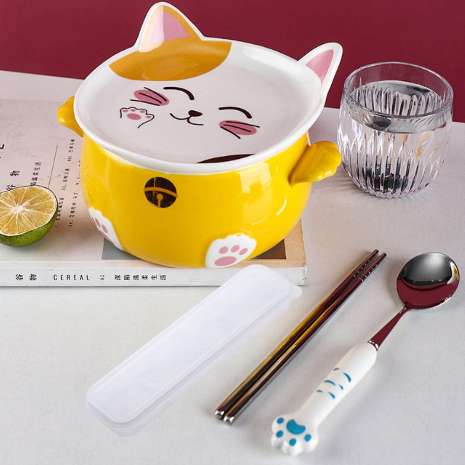 Schöne Katzen-Ramen-Schüssel mit Essstäbchen, Deckel, Löffel, Teller, Keramik, niedlich, für Küche, Salat, Obst, Instant-Nudeln, Reis, große Schüssel