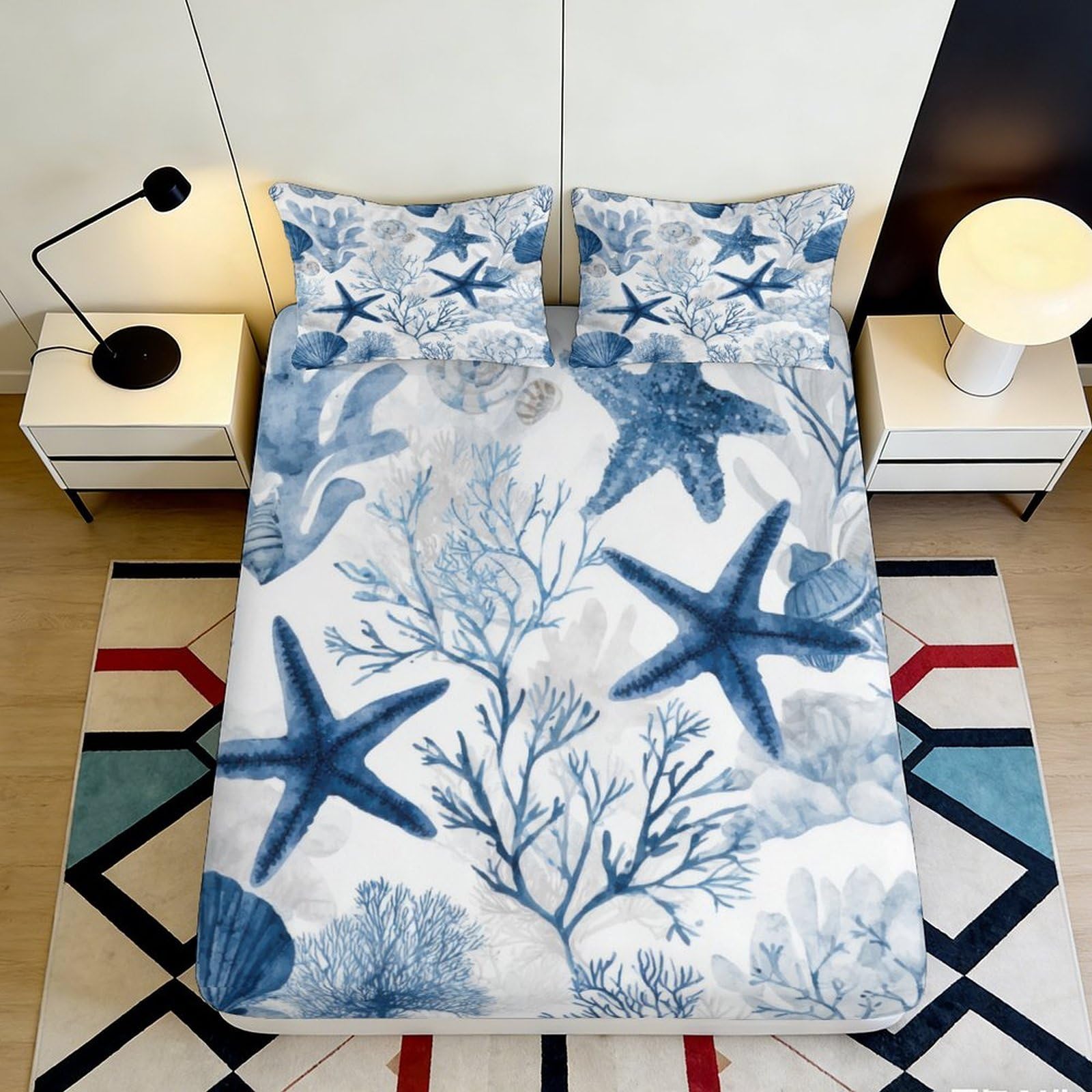 3D Printed Blue Starfish Fitted Sheet Microfiber Soft Coastal Coral Mattress Cover Bedroom Decor Protection 90x200x25cm
