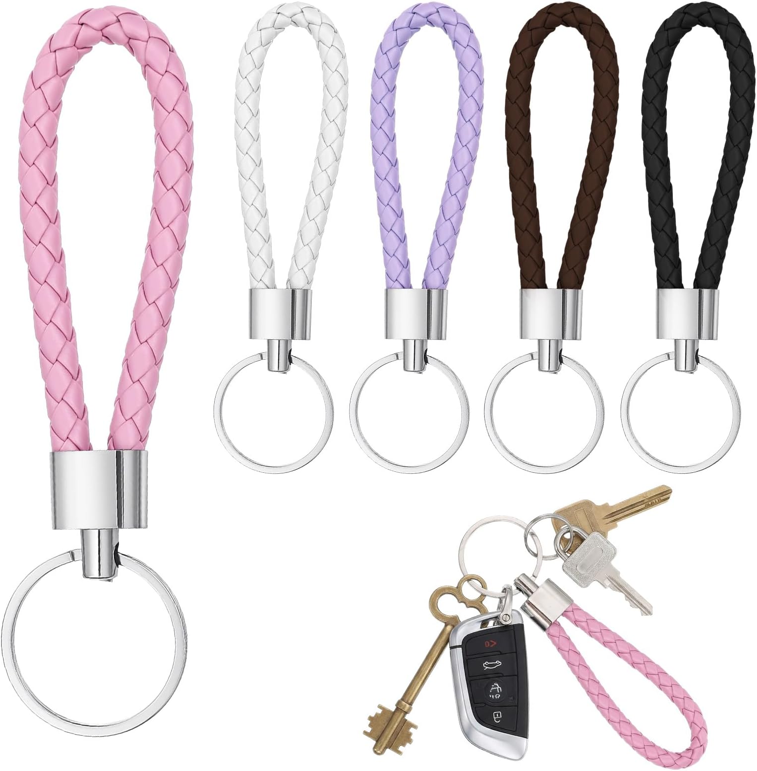 5 Pcs Braided Keychain, PU Leather Keychain Woven Strap Keychains Ring Key Holders for Car Keys for Men Women Birthday Gifts