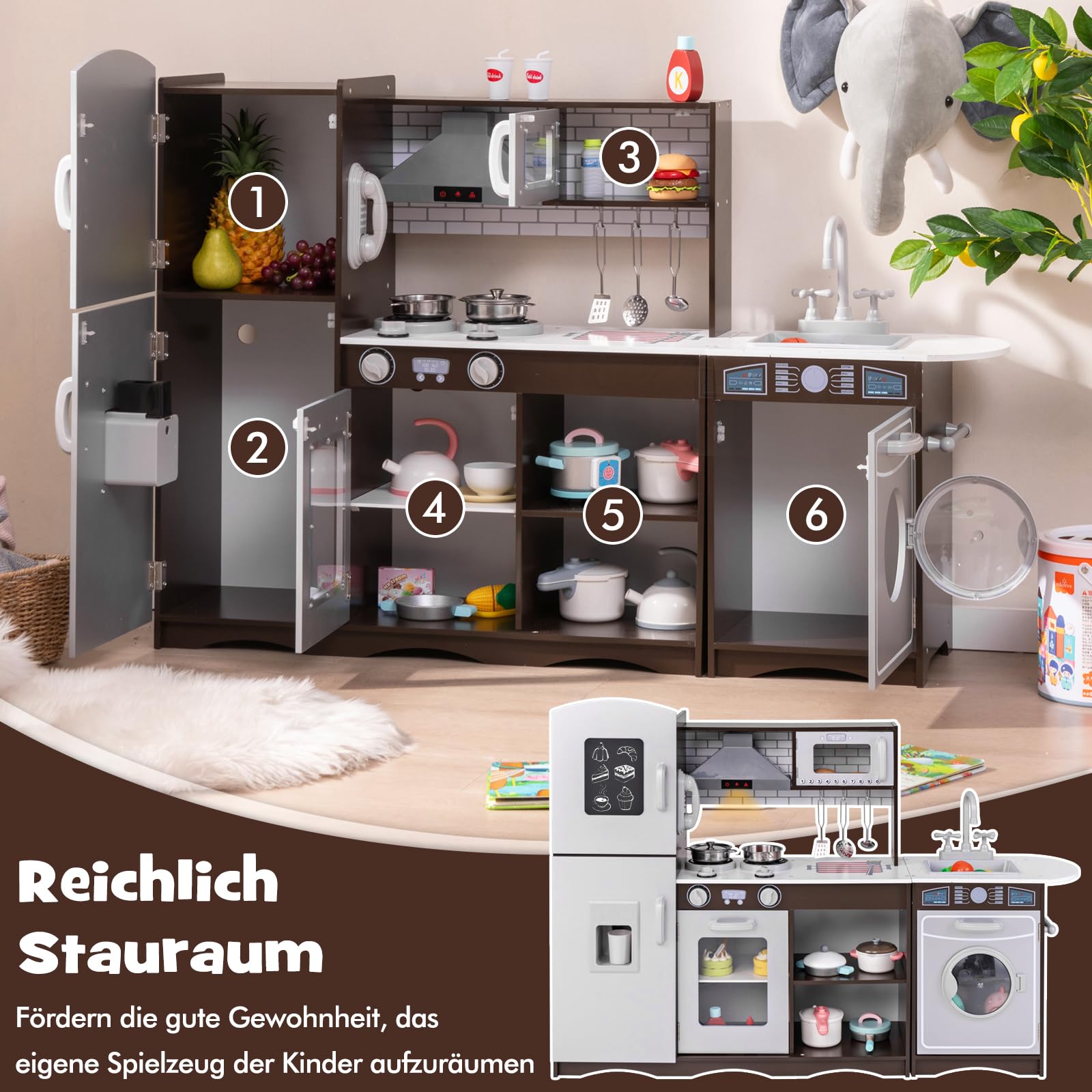 COSTWAY Kinderküche Holz, Eck Spielküche mit Licht & Sound, inkl. 7 Zubehör, Spielzeugküche mit Herd, Spüle, Eismaschine, Mikrowelle, Waschmaschine, Dunstabzugshaube, Telefon, für Kinder ab 3 Jahren