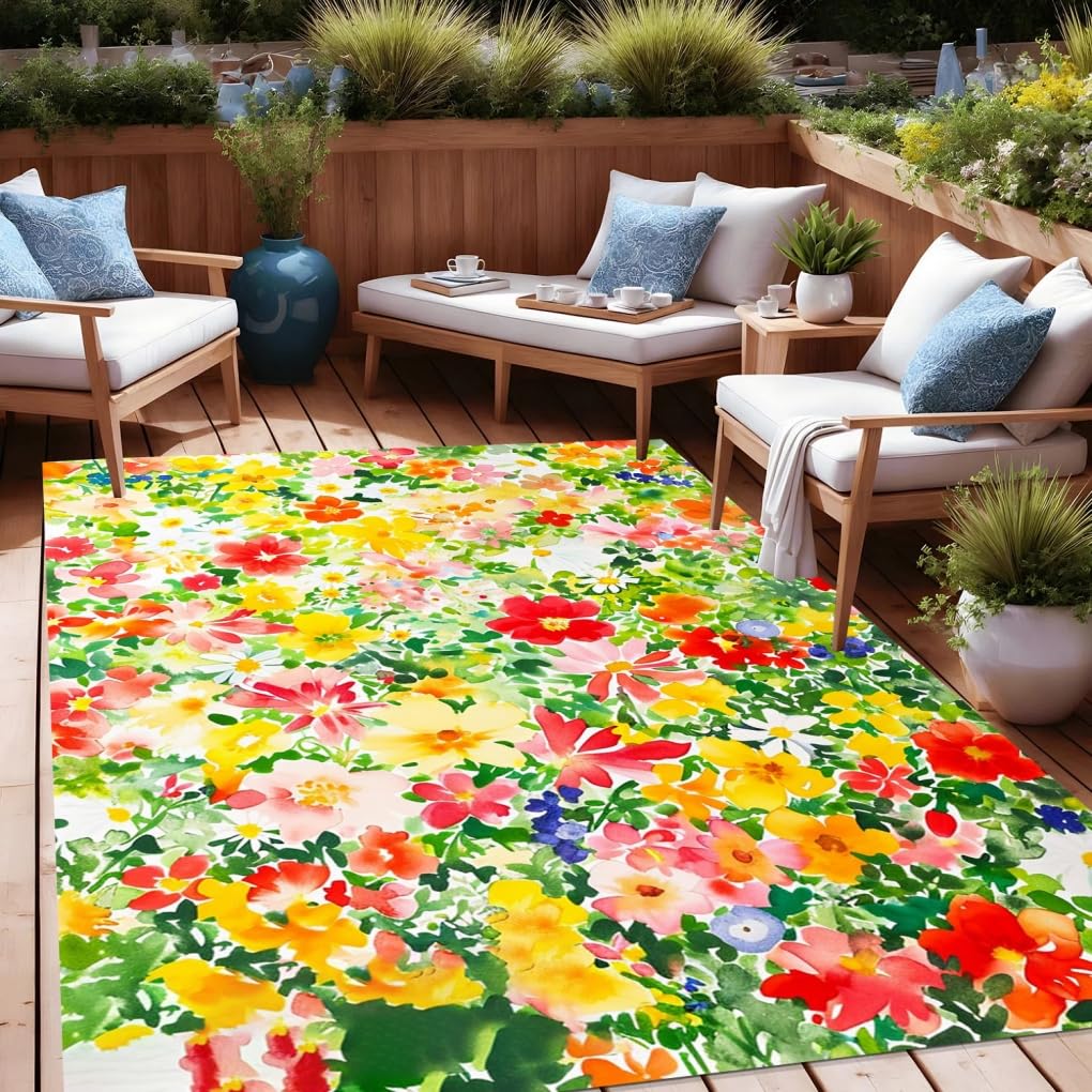 Yellow Green Soft Modern Floral Outdoor Rug for Patio Balcony Deck Garden Waterproof 5x7 Outside Area Rug Charming Vibrant Porch Foyer Yard Washable