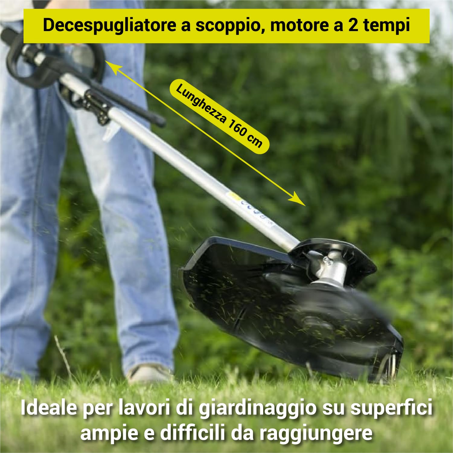 Crisalide Desbrozadora de explosión de 43 cc – Motor de 2 tiempos con carburador Walbro, hoja de 3 dientes y cabezal de nailon – Mango ergonómico, longitud 160 cm, peso 8 kg – Corte preciso