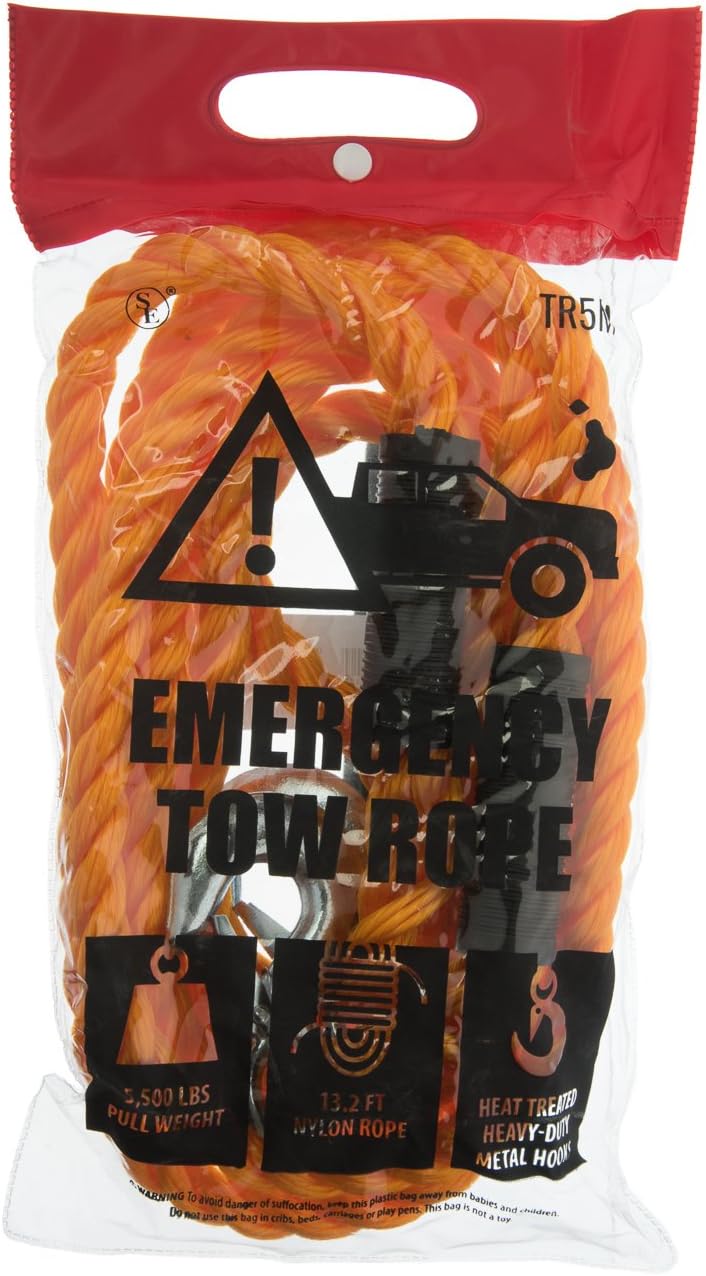 SE Emergency Nylon Tow Rope - 13.2 ft Length, 5500 lbs Pull Capacity, with Metal Couplings and PVC Storage Pouch - TR5M