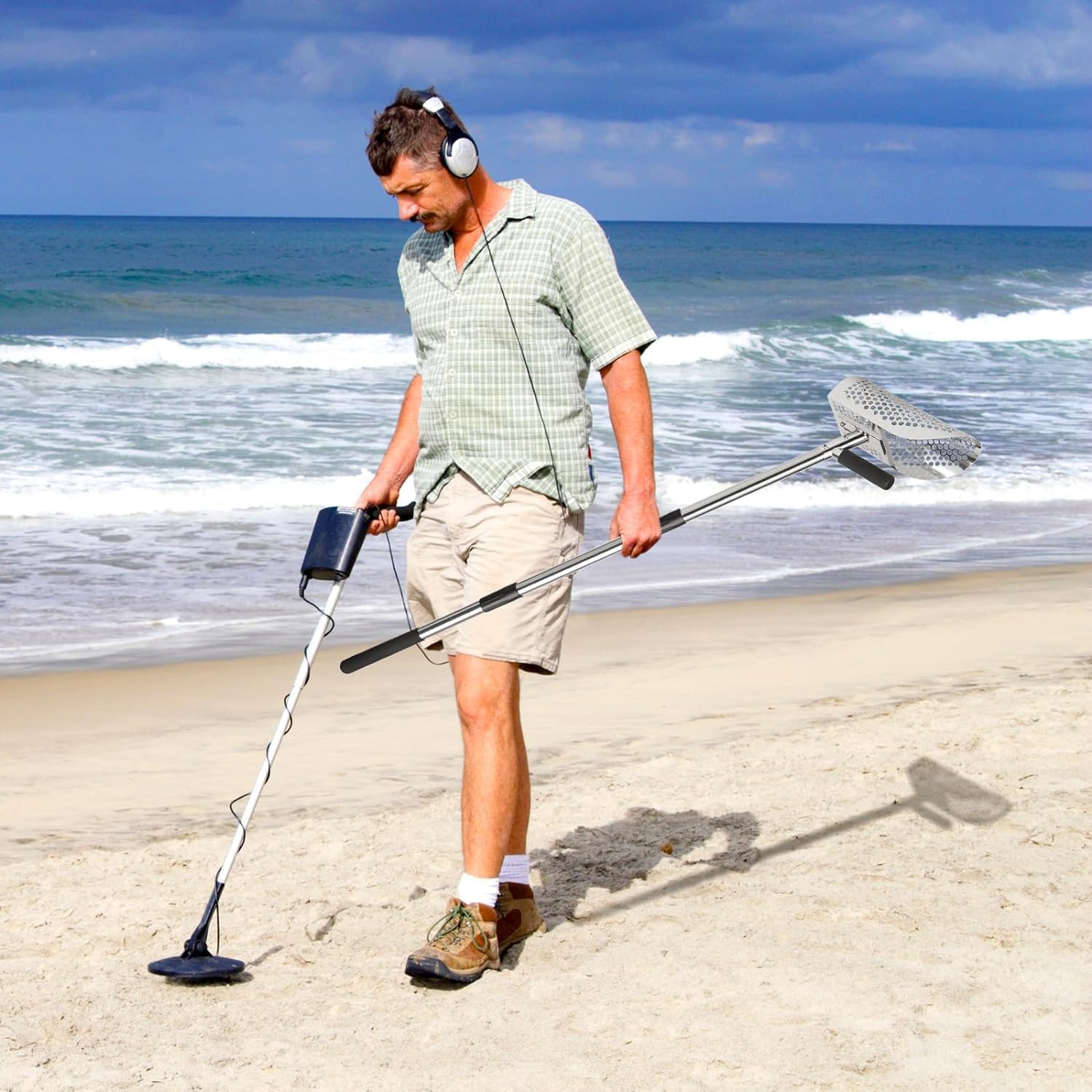 Heavy Duty Stainless Steel Metal Detecting Sand Scoop, Sand Scoop Handheld mit langen Stahlgriff Pole Design, ideal für Unterwasser-Schatzsuche Sandflohharke für den Strand