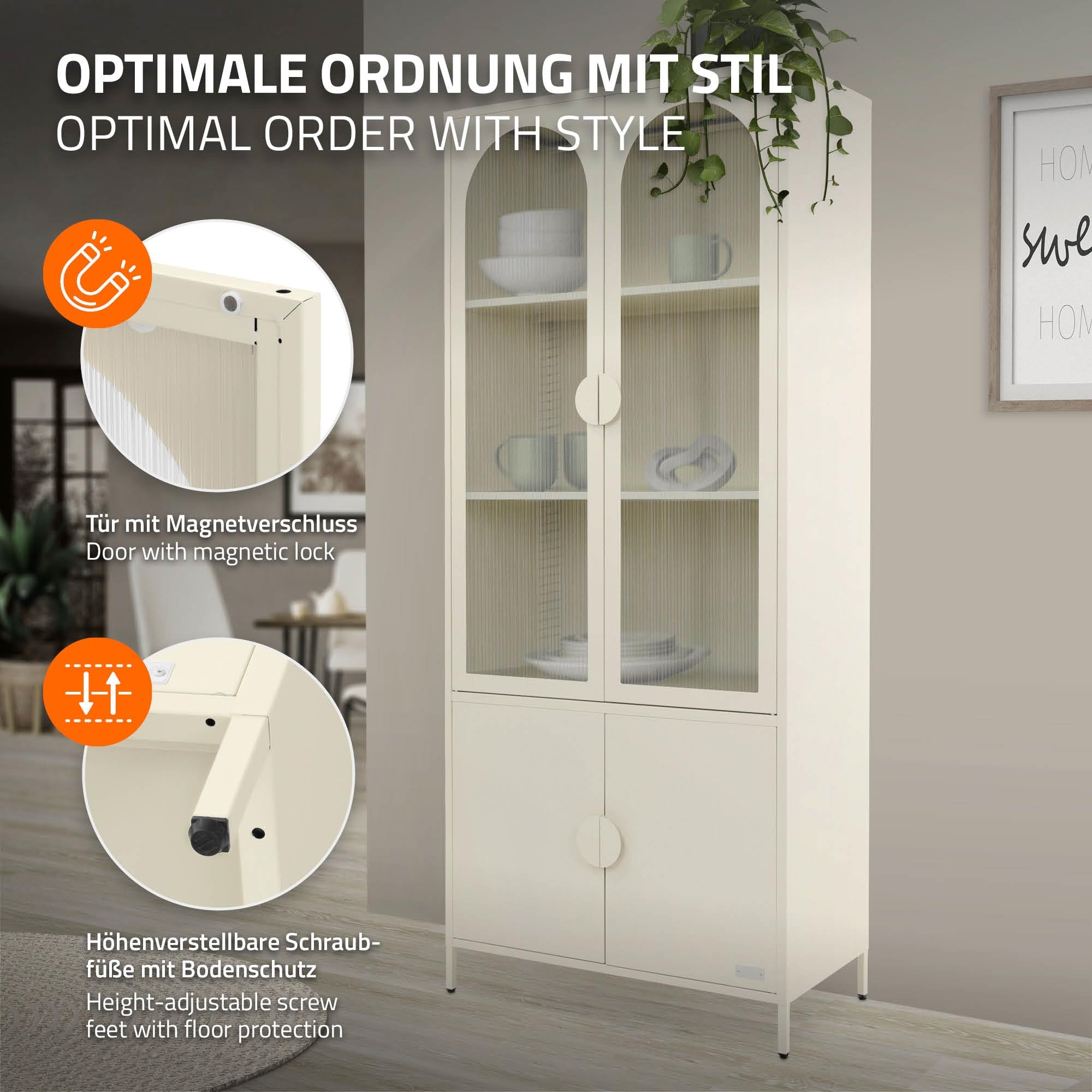 ML-Design Vitrinenschrank 80x185x40 cm aus Stahl, Creme, Küchenschrank mit 4 Ablage-/Regalfächer & 4 Türen, Metall Vitrine Hochschrank Bücherschrank Aktenschrank, Aufbewahrungsschrank für Wohnzimmer