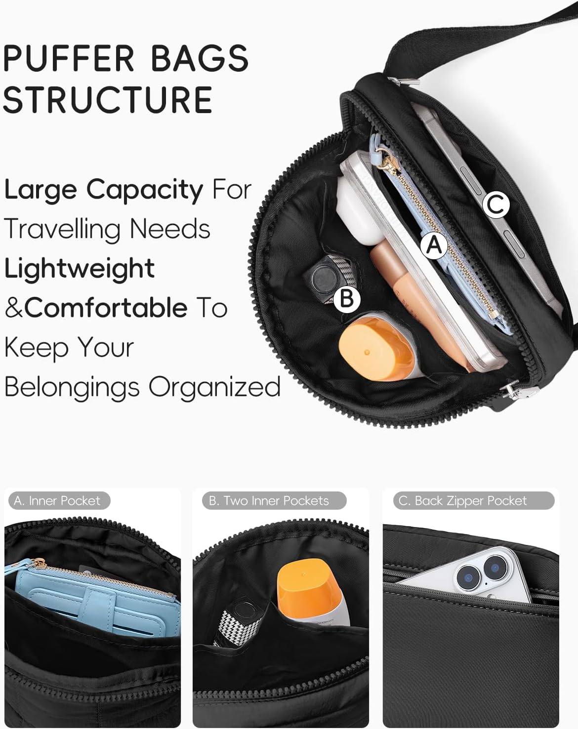 WESTBRONCO Puffer Fanny Packs for Women Quilted Nylon Waterproof Belt Bag with 2 Zipper, Puffy Crossbody Bag with Adjustable Strap, 1L Waist Bag for Travel Daily - Image 3