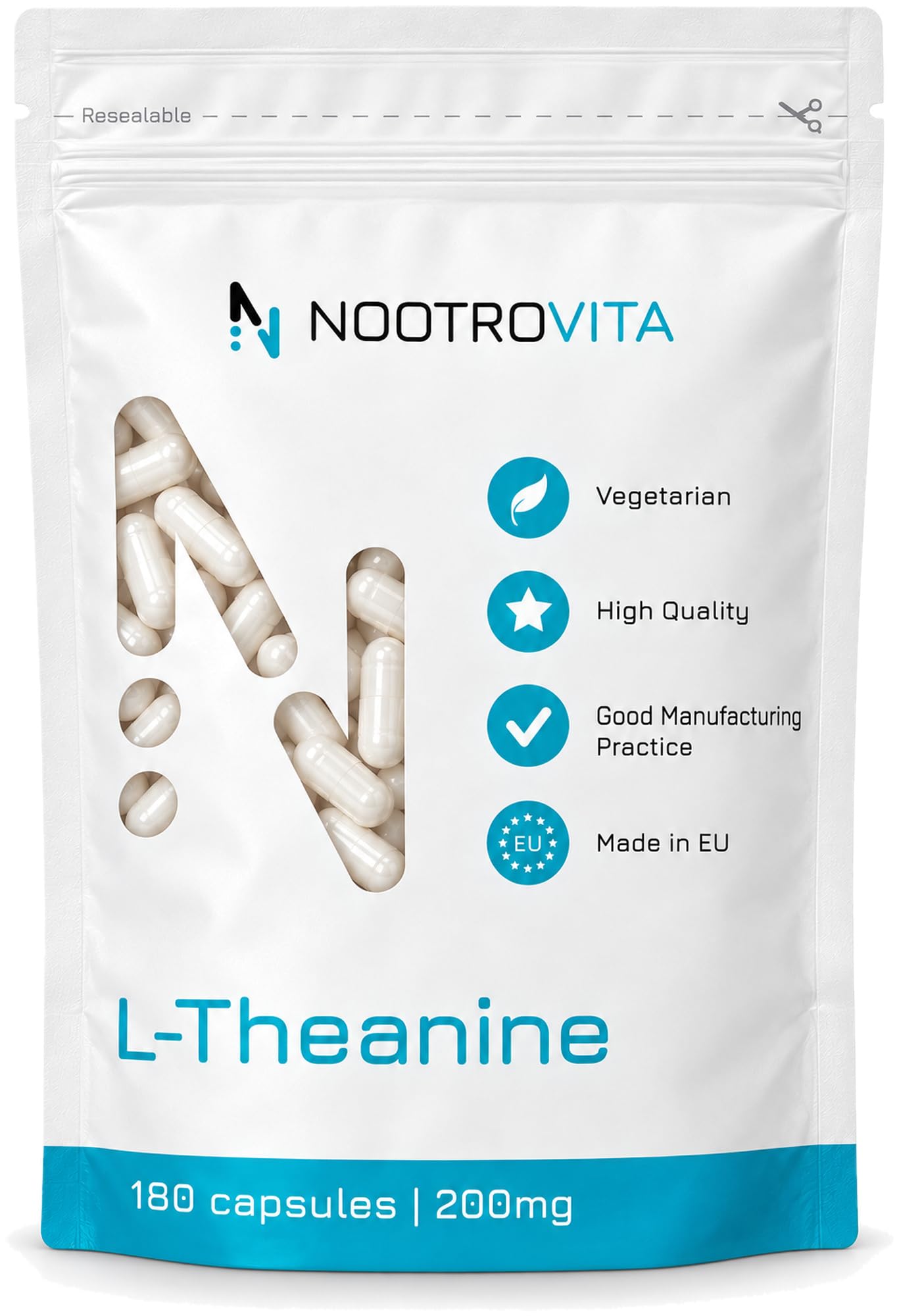 L Theanin 200mg 180 Kapseln für Entspannung, Stressabbau, Schlaf und Konzentration | Vegan L-Theanin Keine Künstlichen Füllstoffe | Allergen Frei | Nootrovita 180 Stück (1er Pack)