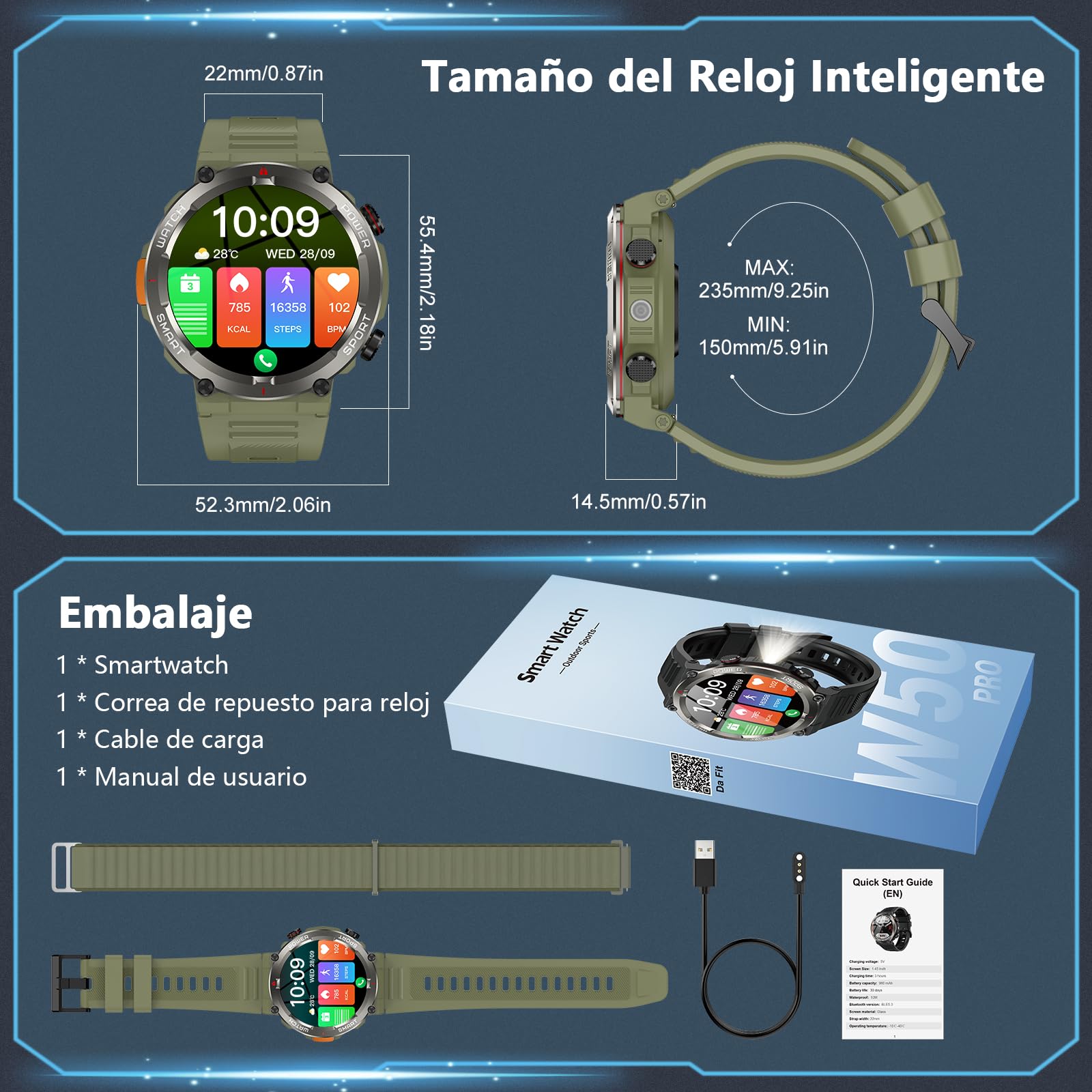 Reloj Inteligente Hombre, Smartwatch Hombre con Linterna y Brújula, 1.45" Smartwatch con Llamadas Bluetooth Monitor Sueño, 2 Correas,Pulsera Actividad Impermeable IP68