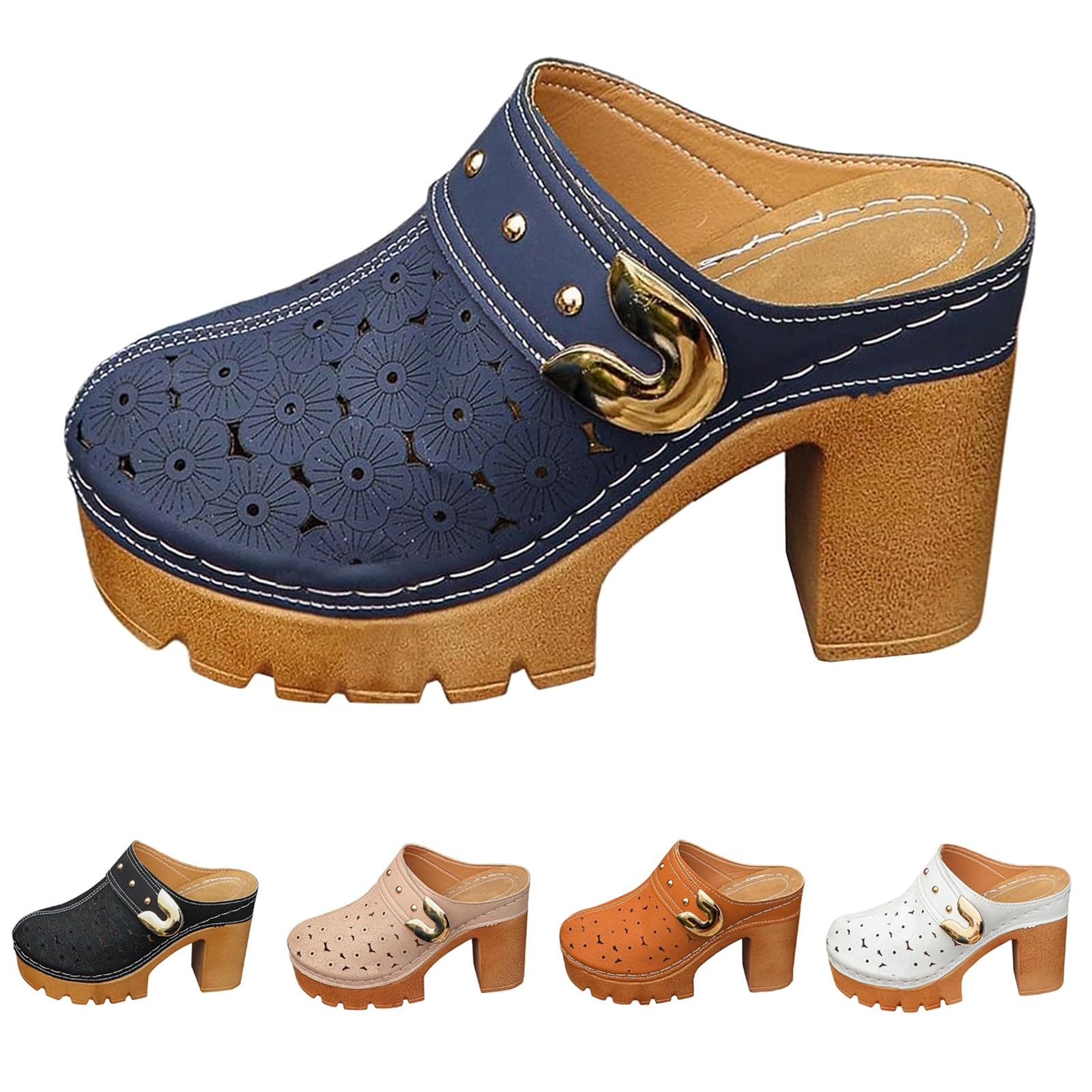 Zoccoli donna con tacco alto sabot con zeppa platform punta chiusa fibbia decorativa design con fori scarpe eleganti per feste e lavoro