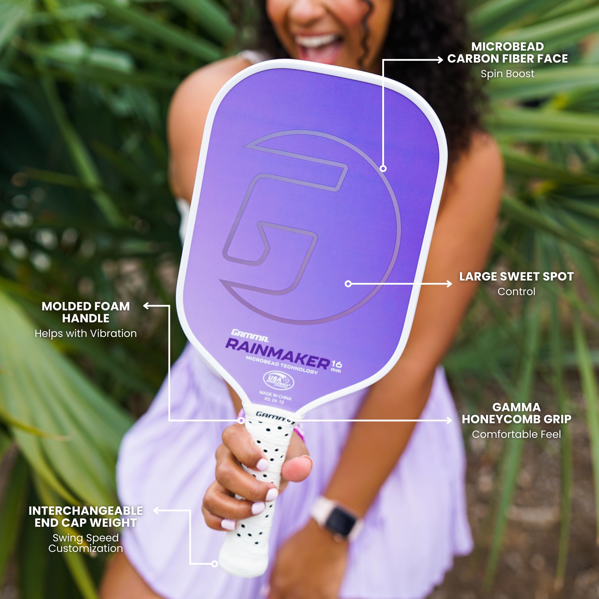 Gamma Rainmaker Pickleball-Paddel – leicht, großer Sweetspot, Mikroperlen-Karbonfaser-Gesicht für mehr Spin und Kontrolle, anpassbares Schwunggewicht, 16 mm und erhältlich in 6 Farben