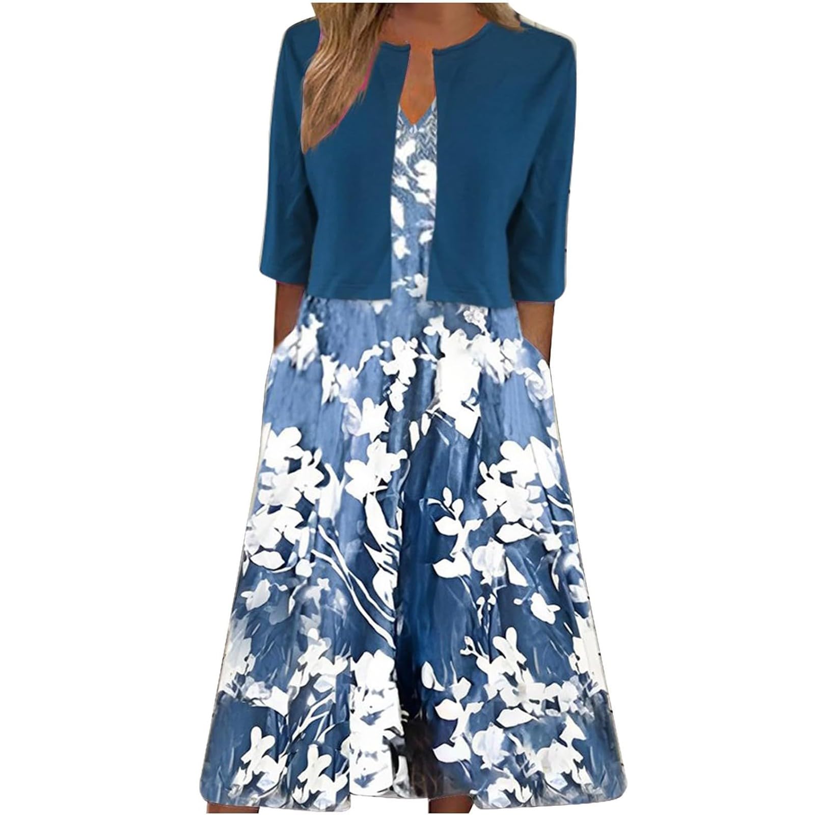 Generic Vestidos De Fiestas Mujer para Mujer, Vestido Largo Floral de Manga Corta para Vacaciones, Conjunto de Dos Piezas, cárdigan Vaquera Midi