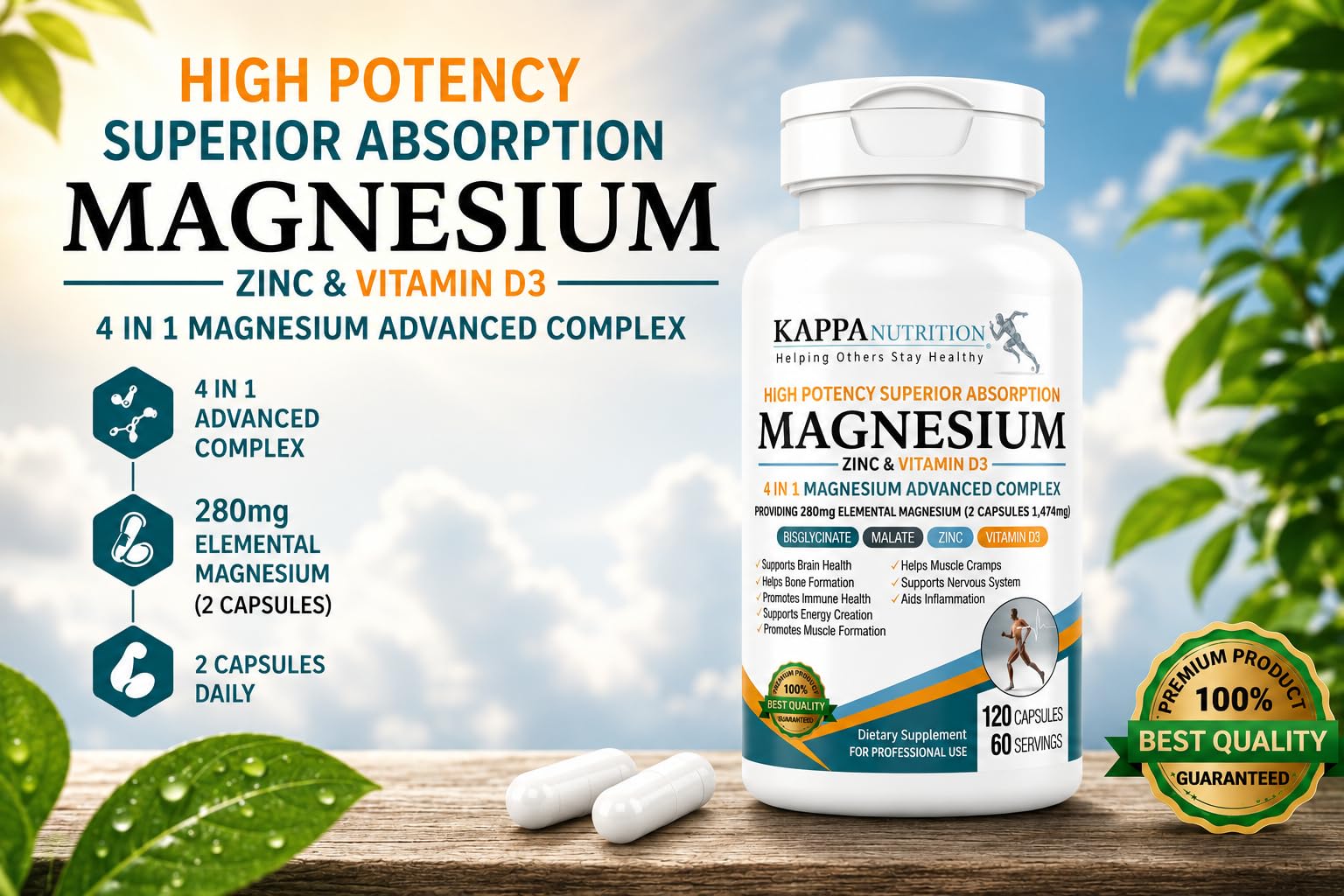 Kappa Nutrition Magnesium 4-in-1, 280mg Elemental Magnesium (Bisglycinate, Malate) + Zinc & Vitamin D3, Brain, Sleep, Energy, Muscle, Immune Support, 60 Vegan Capsules. — Amazon image 2