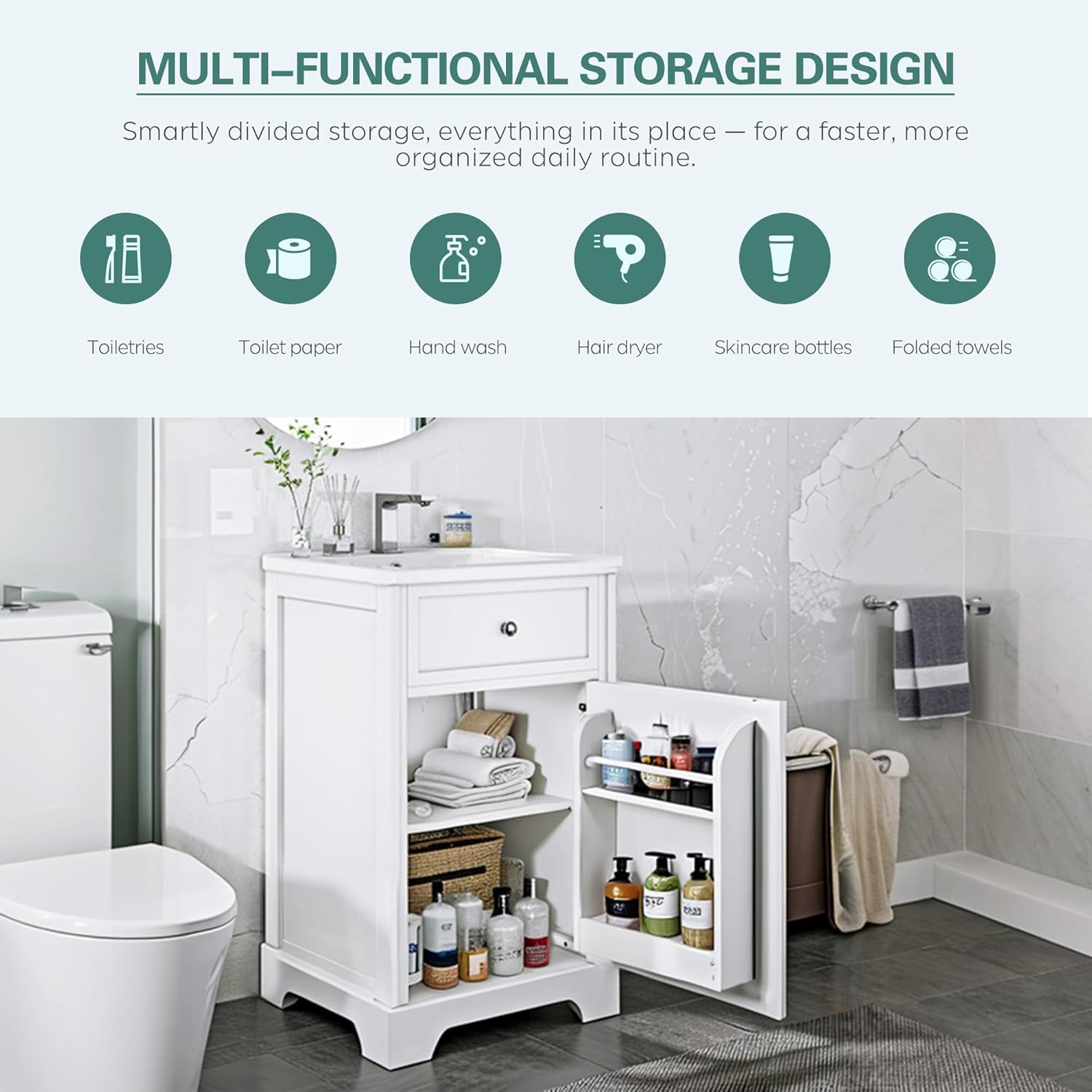 DlandHome 20" Bathroom Vanity with Ceramic Sink,Modern Bathroom Cabinet with Storage Shelf, Adjustable Shelves,Free Standing Storage Cabinet with Sink Combo Set, White