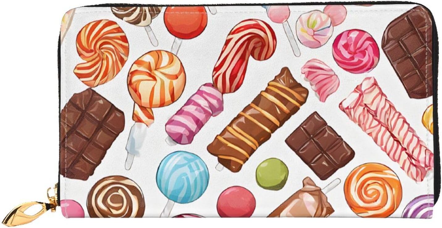 (Colorful Sweet Lollipop Cupcake Donut) Print Women's Long Wallet Clutch with Zipper Multiple Card Slots Coin Pocket Elegant Ladies Purse