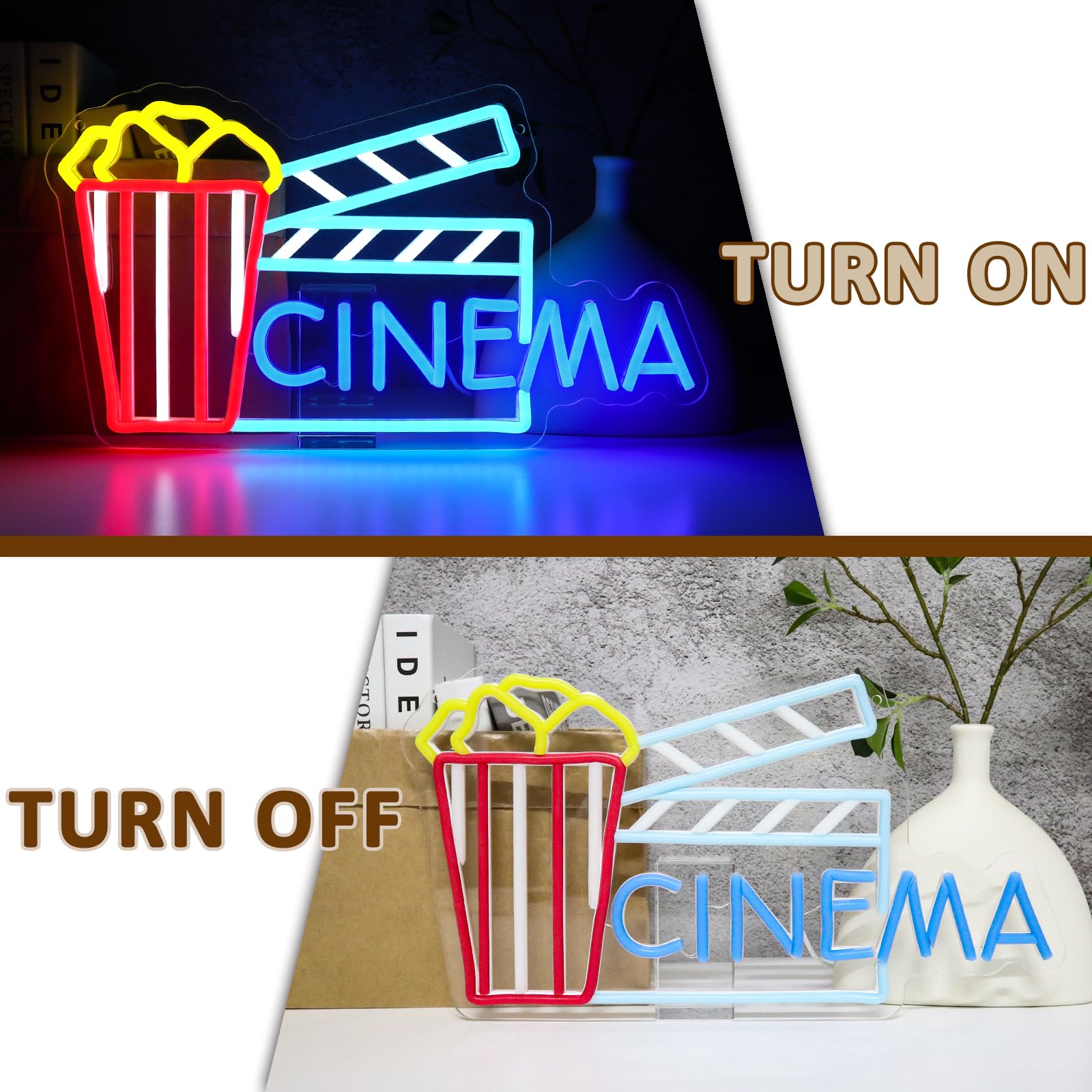 Insegna al neon cinema per decorazione da parete, segni a LED popcorn per film, luci al neon dimmerabili USB per teatro per casa, bar, film, festa notturna, uomo, grotta, snack, decorazione