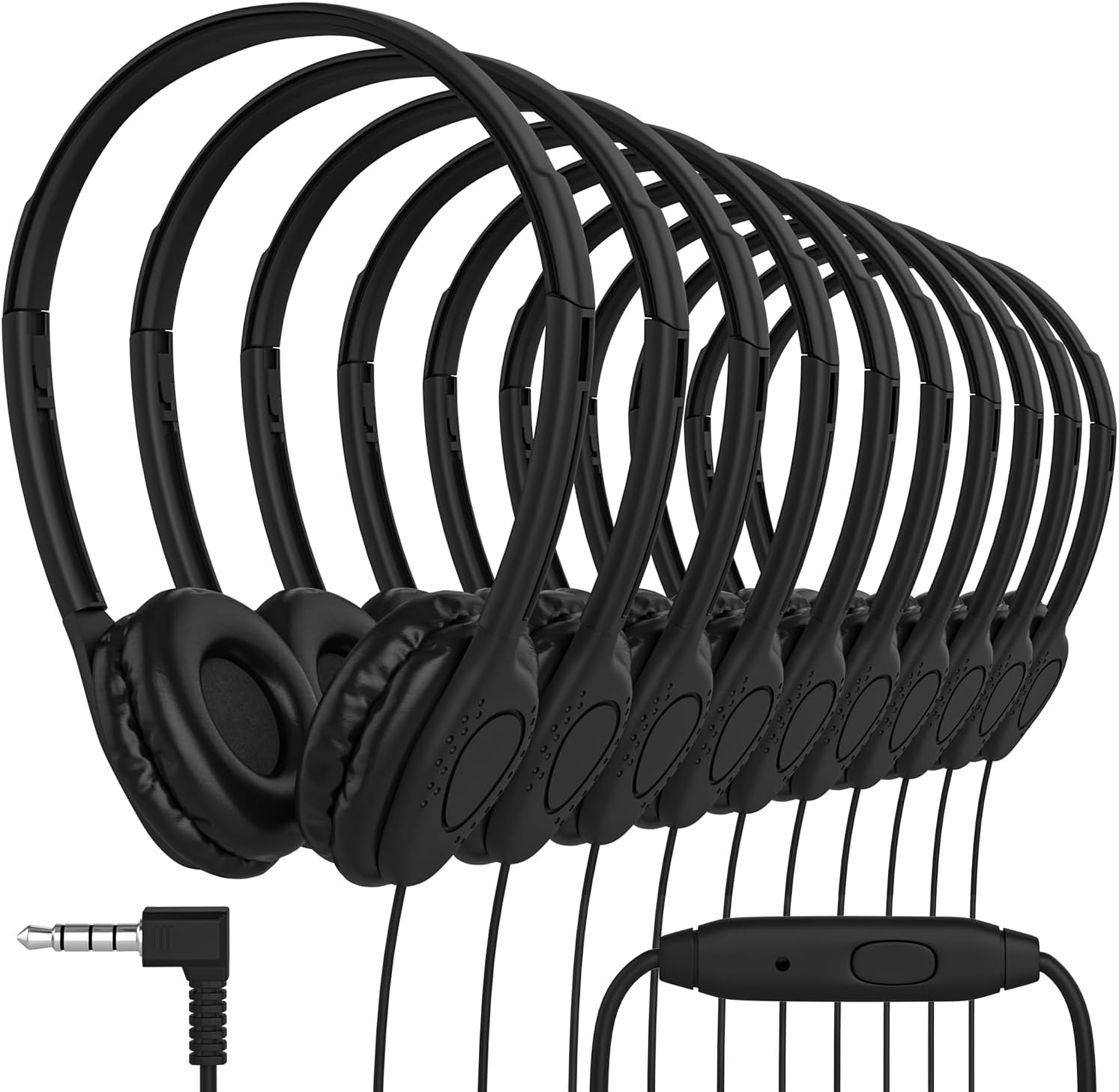 Maeline 20 Pack Black Bulk Headphones with Microphone, On Ear Stereo Headphones Adjustable Band & Faux Leather Cushions for Kids Classroom Online Learning, Library, School, Travel - 3.5mm Plug