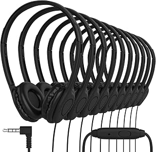 Maeline Bulk Classroom Student Headphones with Microphone, On Ear Stereo Headphones with Mic & Faux Leather Cushions for Kids Online Learning, Library, School, Airplane, Travel - 3.5mm Plug - 10 Pack