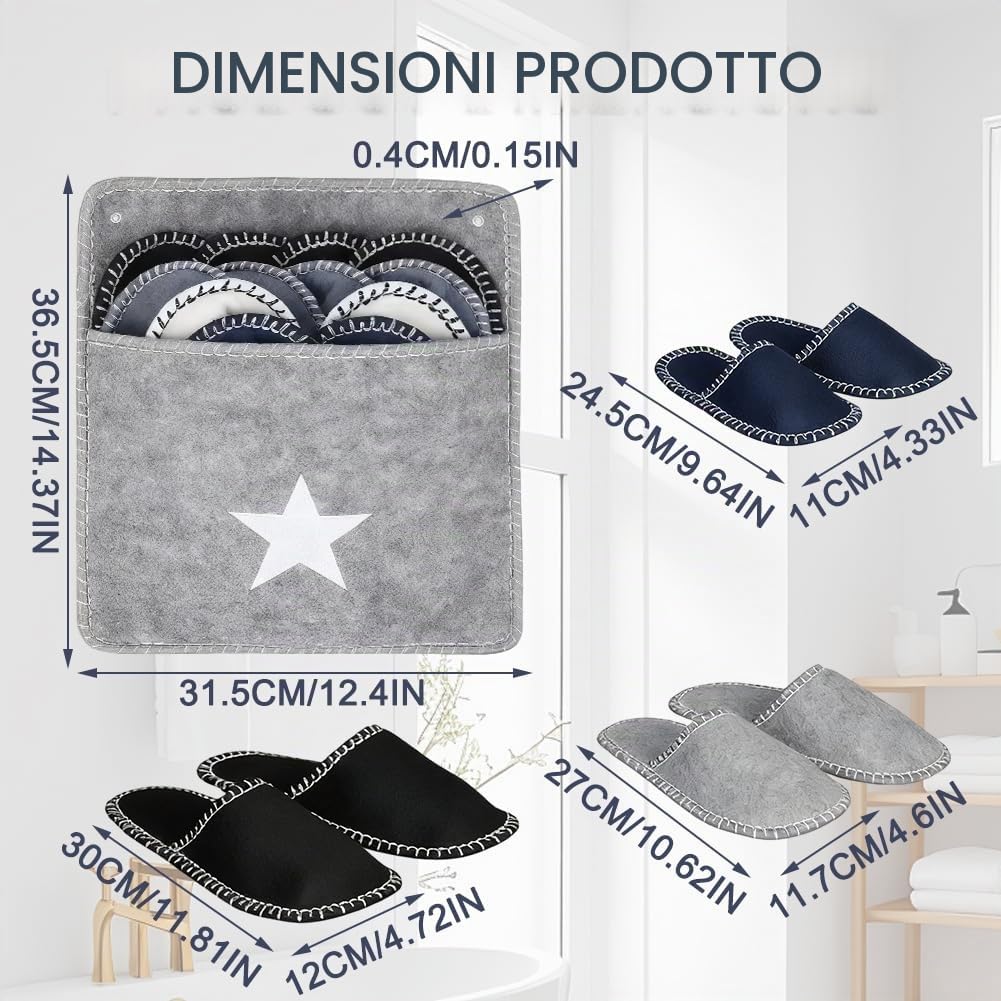 FARYODI Set di 6 paia di pantofole in feltro con custodia, misure 36-45, per casa, camera da letto, bagno, hotel o uso commerciale