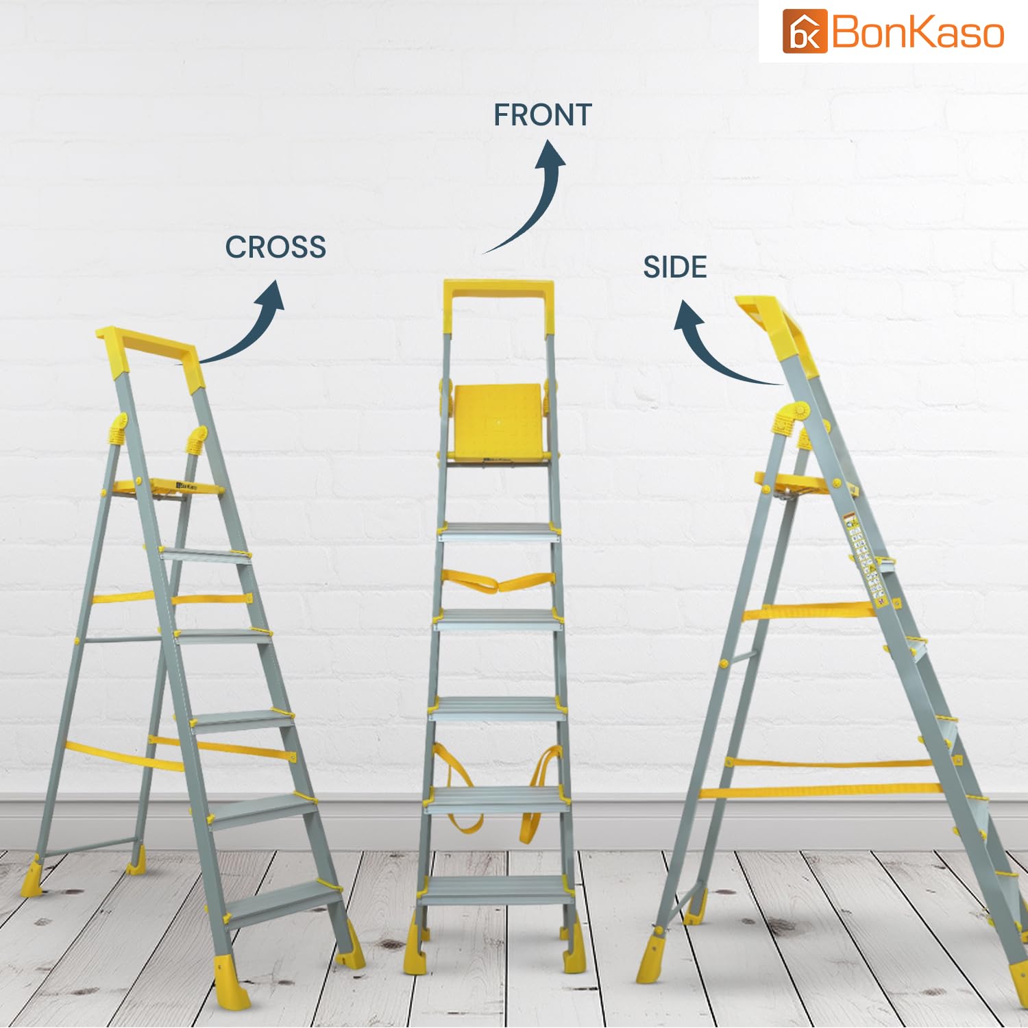 BonKaso Climb Lite Pro+ 6 Step - Foldable Ladder with Tool Tray (125W x 185H Cm)| Heavy-Duty, Anti-Slip & Firm Grip, Load Capacity Upto 120kg | Durable & Portable (Aluminium Steps, Yellow & Satin) — Amazon image 7