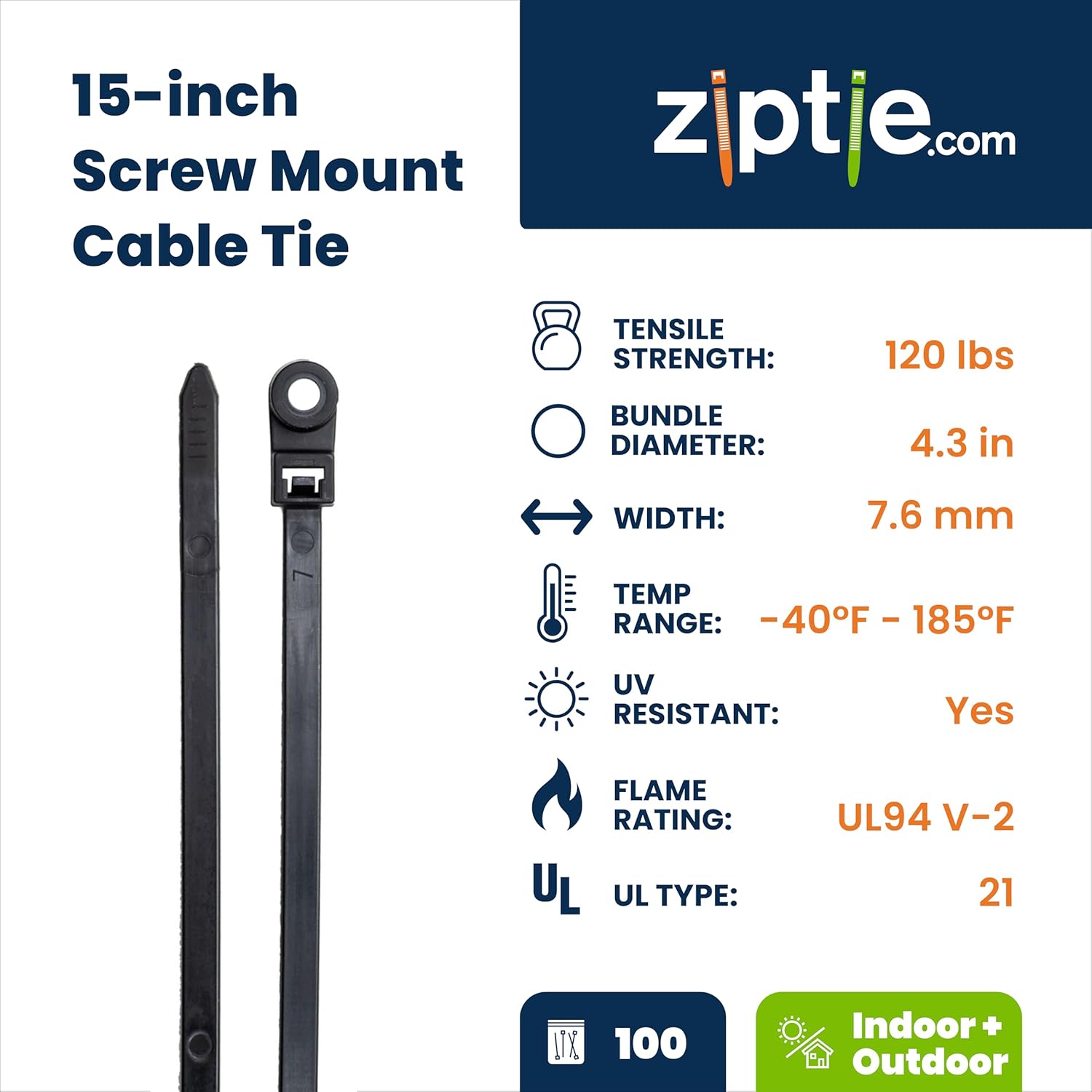 ZipTie.com 15-Inch Black Zip Ties With Screw Hole - 120-lb Tensile Strength Cord Management & Secure Mounting - UL 21 Listed Tie Wraps - Indoor & Outdoor Multi-Purpose (100-Pack)