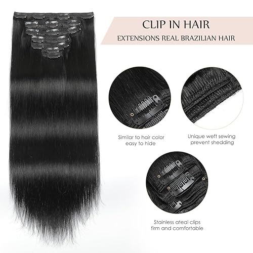 Miniatura 4 de Sisily Extensiones de cabello humano real con pinzas, 24 pulgadas, 6.35 oz, 7 piezas de extensiones de cabello humano con clip, color negro