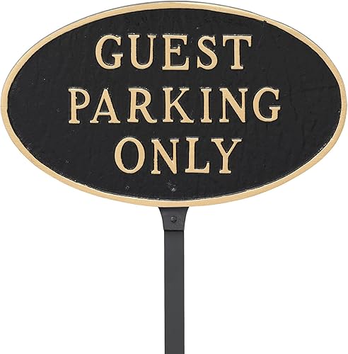 Montague Metal Products Placa ovalada de 6 x 10 pulgadas para estacionamiento de invitados con estaca de césped de 23 pulgadas, negrodorado