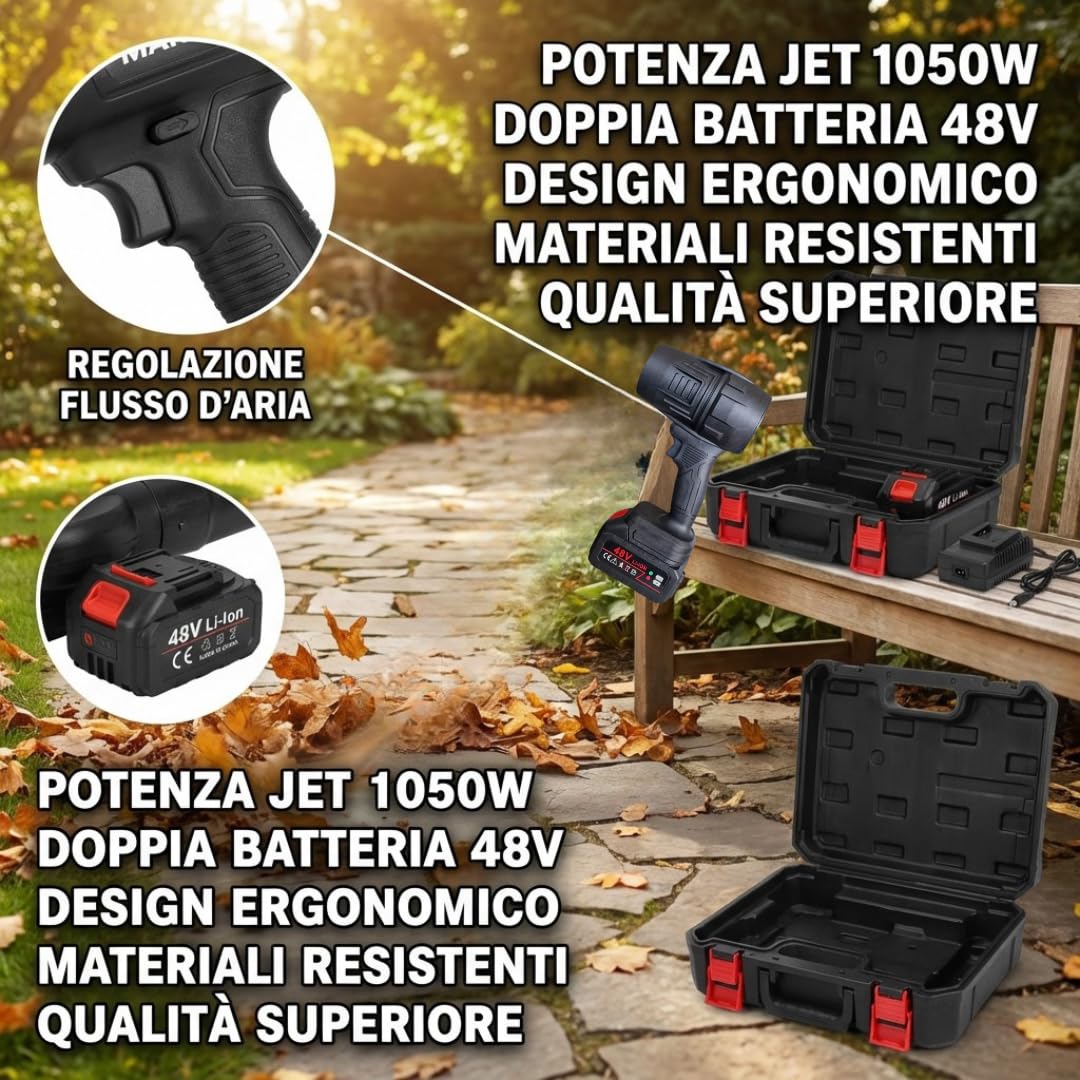 MAKA Soffiatore a Batteria Professionale 1050W, Soffiatore Foglie con Doppia Batteria 48V, Motore Jet Super Potente per Giardino e Terrazze, Design Leggero con Valigetta e Velocità Regolabile (A)