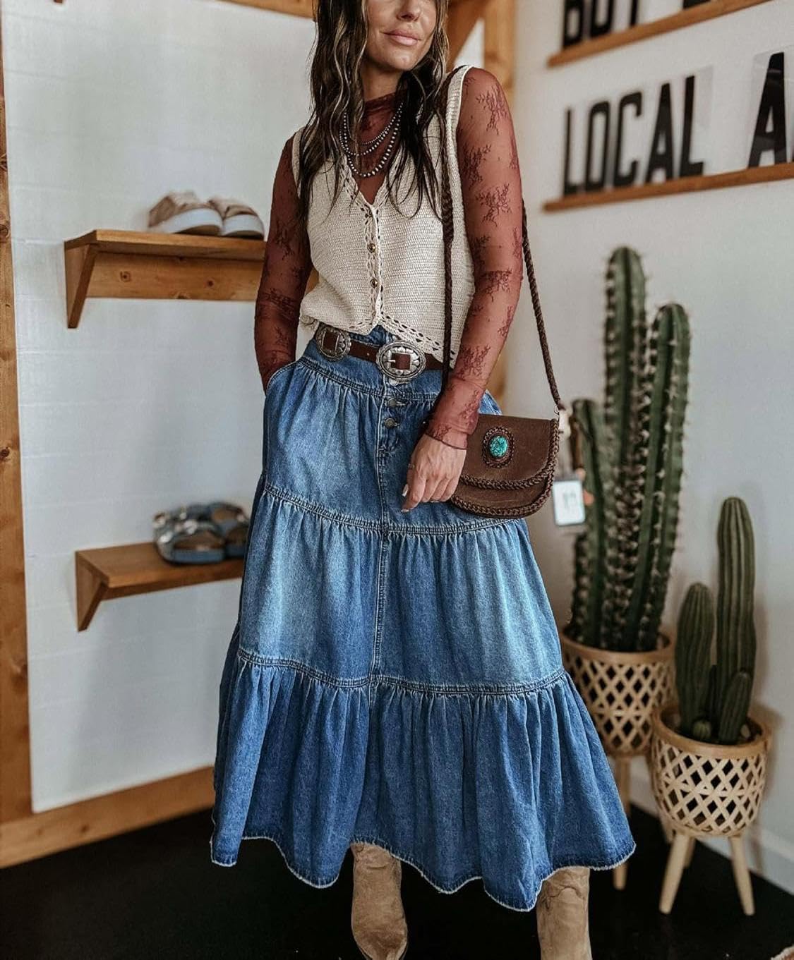 yoeasy Damen-Maxirock, hohe Taille, Denim, Knopf, Boho, fließend, plissiert, gestuft, Rüschen, Swing, A-Linie, Jeans, langer Rock