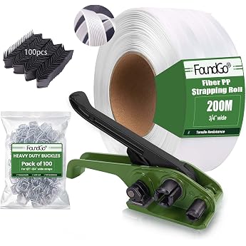 FoundGo Manual Strapping Set 19 mm &amp; 200 m High Strength Polypropylene Strapping Tape with Fibres, Grass Green, 100 Metal Cla