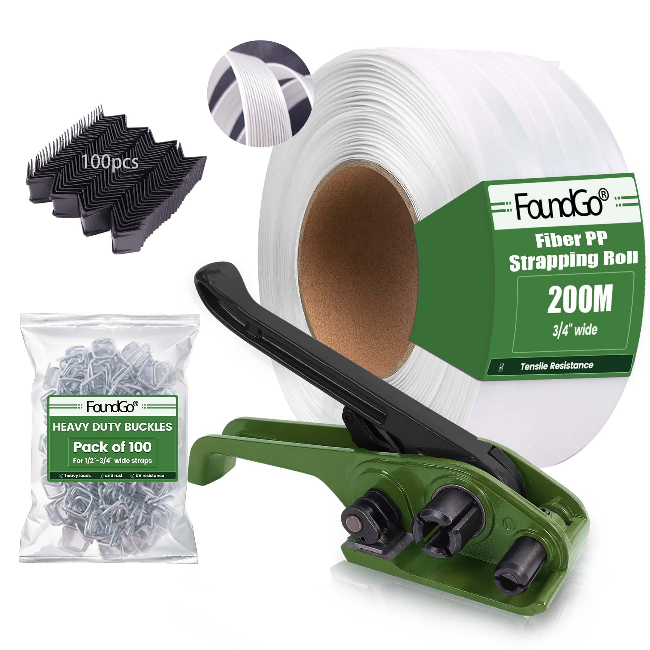 FoundGo Manuelles Umreifungsset 19 mm 200 m Hochfestes Polypropylen-Umreifungsband mit Fasern, Grasgrün
