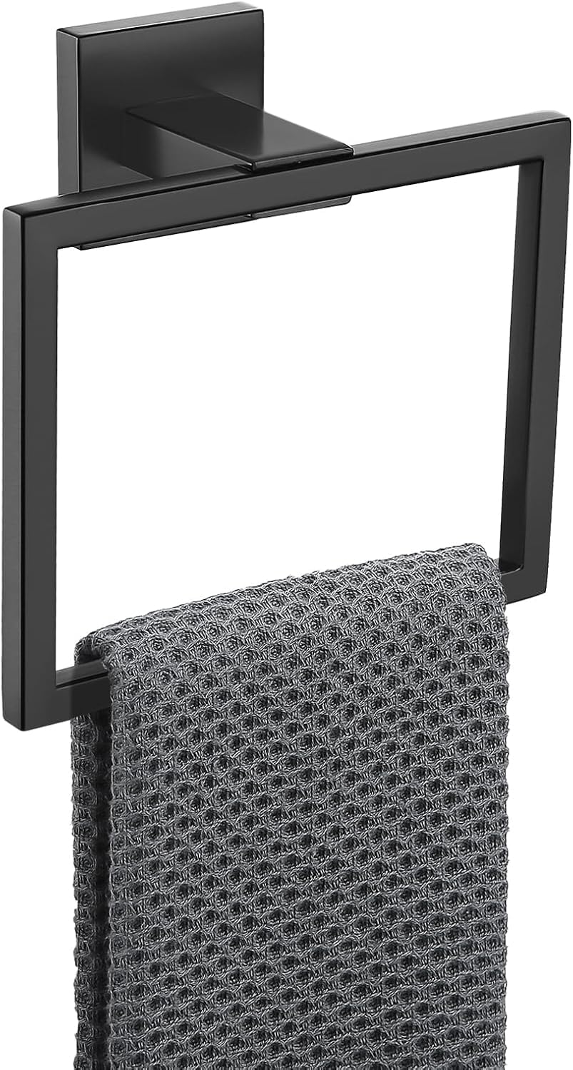 YACVCL Towel Holder Bathroom Towel Ring, Matte Black Hand Towel Bar, Stainless Steel Towel Rack Wall Mounted, Square Towel Hanger for Kitchen Lavatory